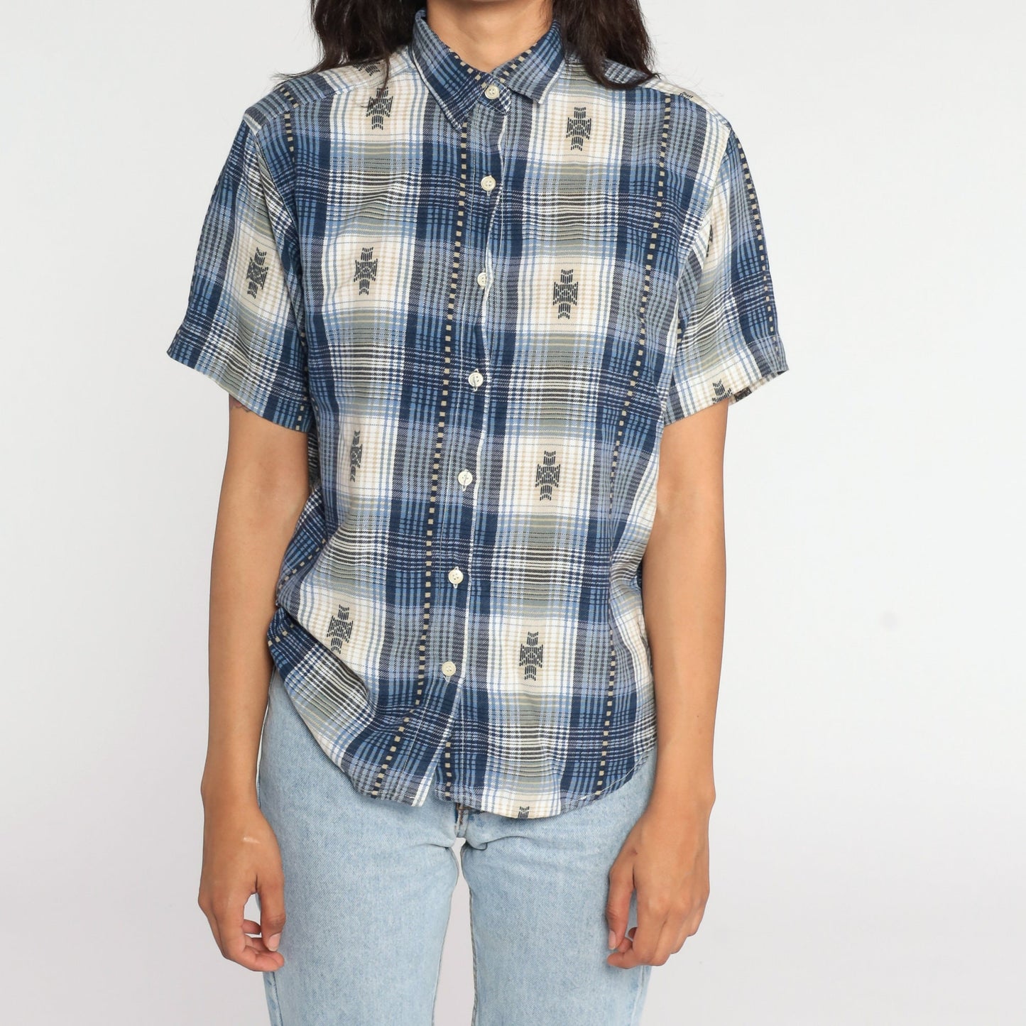 80s Blue Plaid Button-Up Shirt Short Sleeve Medium