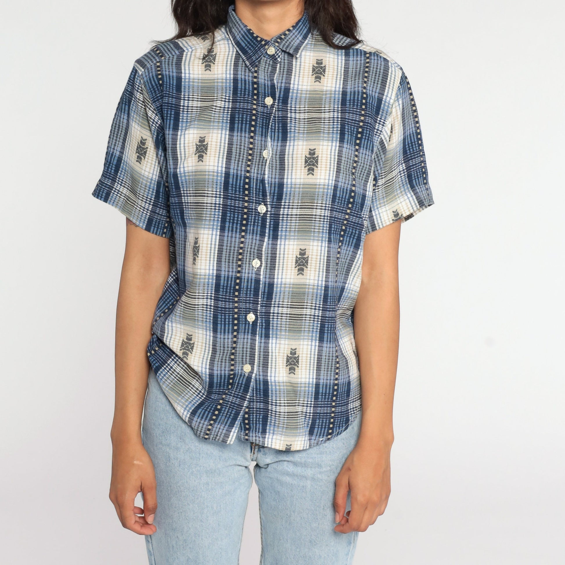 80s Blue Plaid Button-Up Shirt Short Sleeve Medium