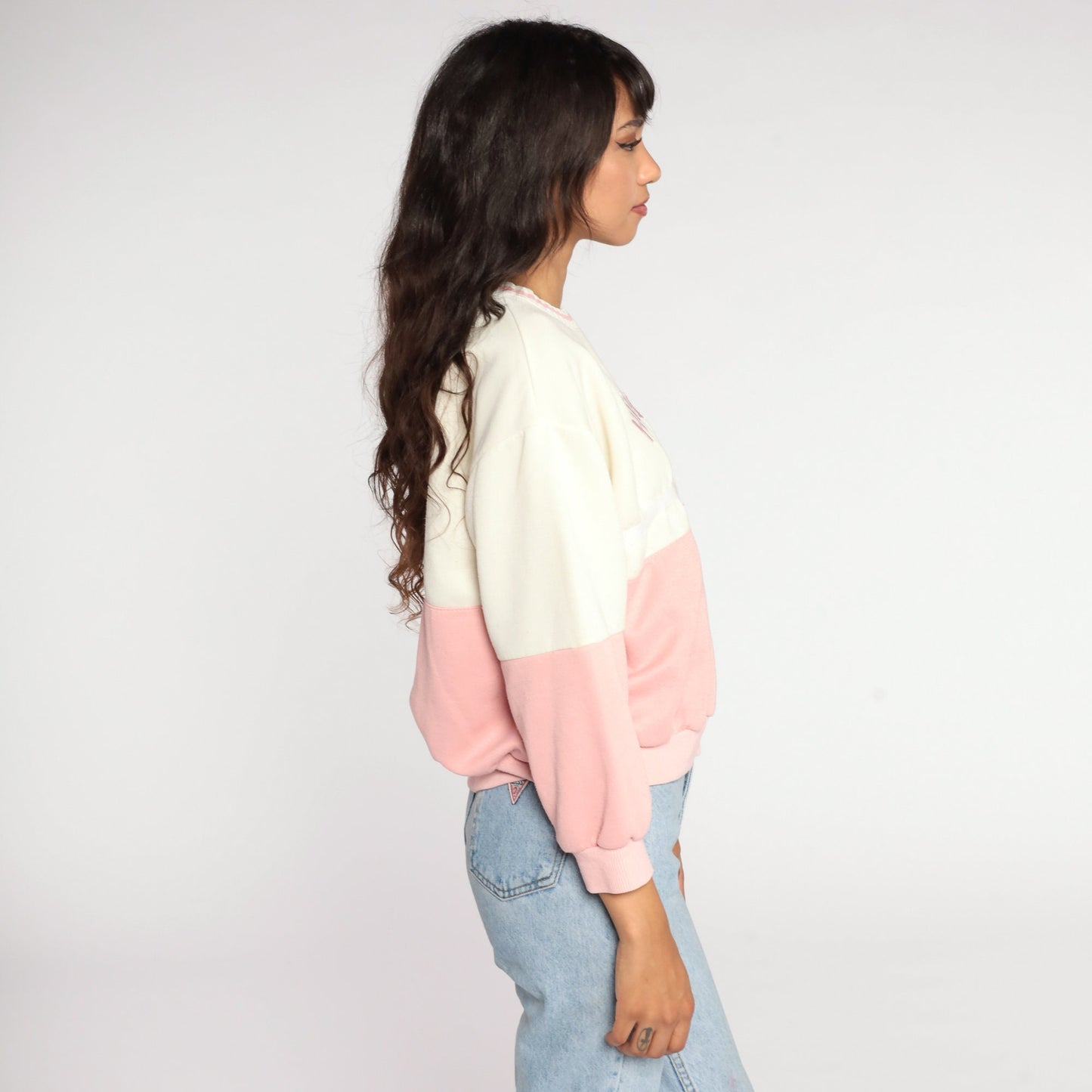 80s Teddy Bear Graphic Sweatshirt Pink Colour Block White Crewneck Small