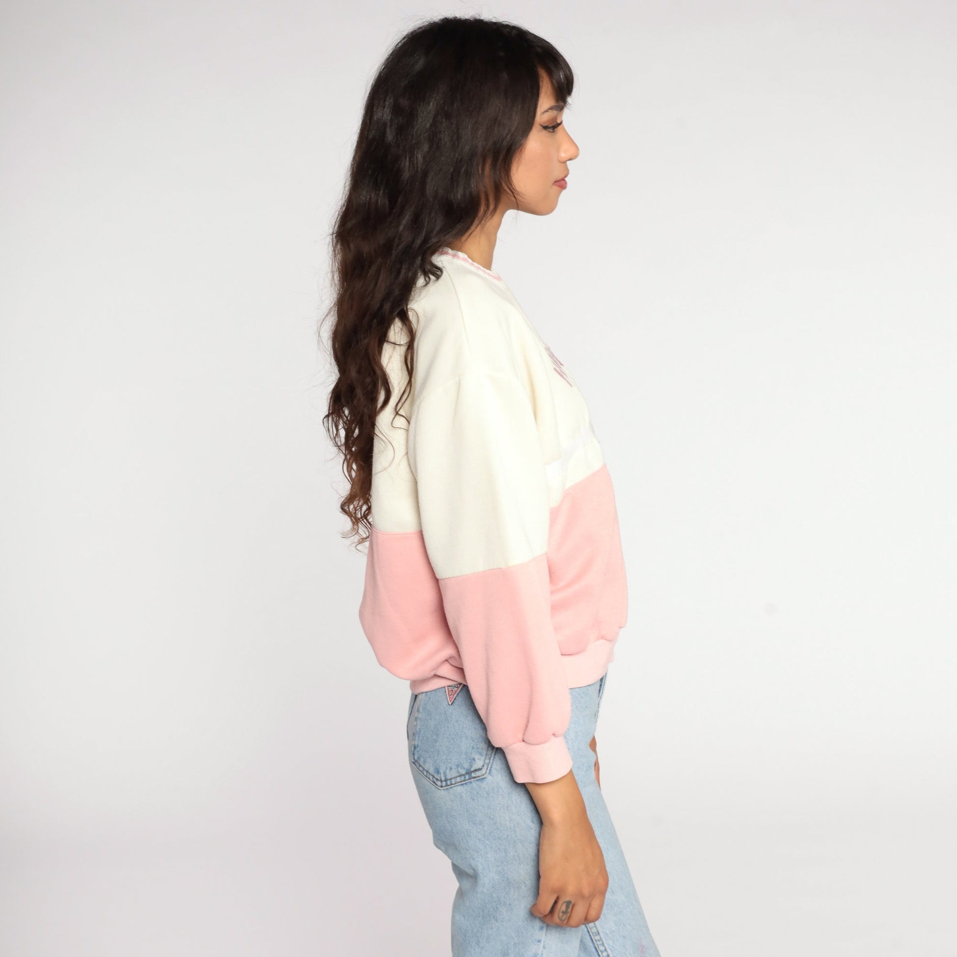 80s Teddy Bear Graphic Sweatshirt Pink Colour Block White Crewneck Small