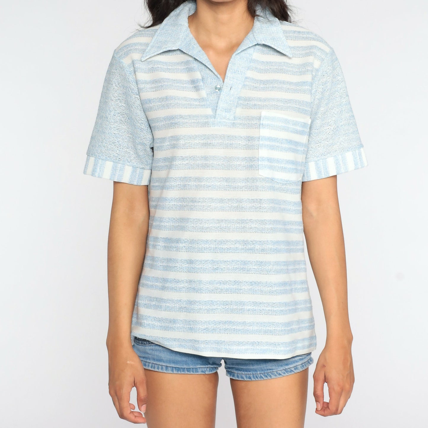 70s Striped Polo Shirt White Baby Blue Half-Button Collared Medium