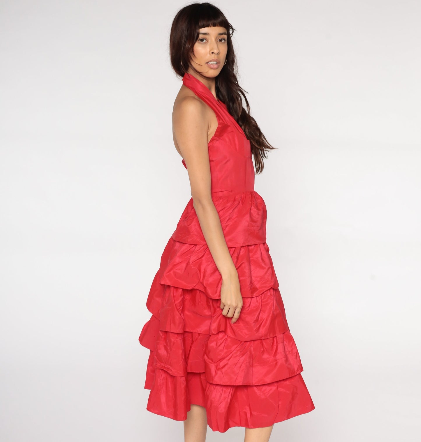 50s Red Halter Party Dress Tiered Skirt V Neck Tea Length Extra Small