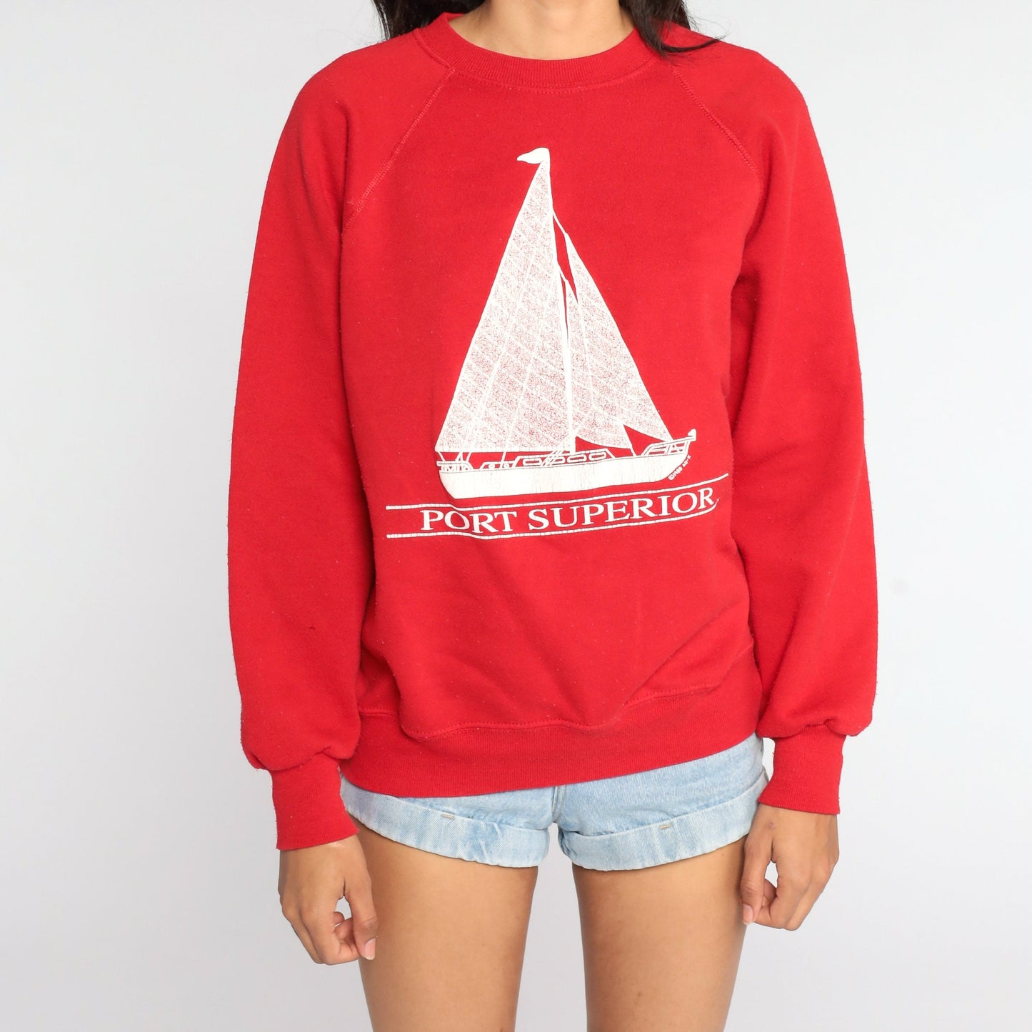 80s Port Superior Wisconsin Sailboat Sweatshirt Red Raglan Pullover Large