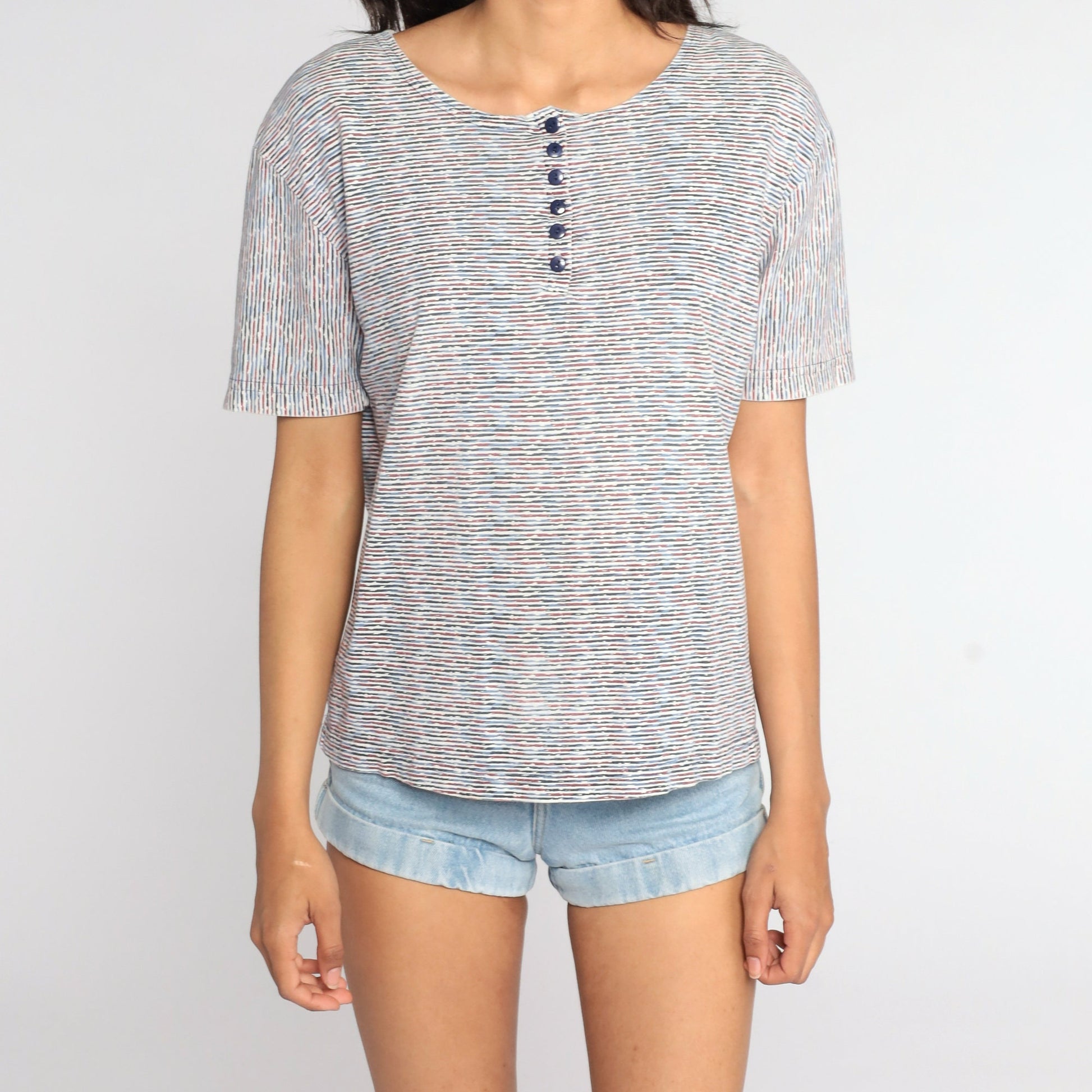 80s Striped Henley Shirt White Blue Burgundy Button Neck Large L