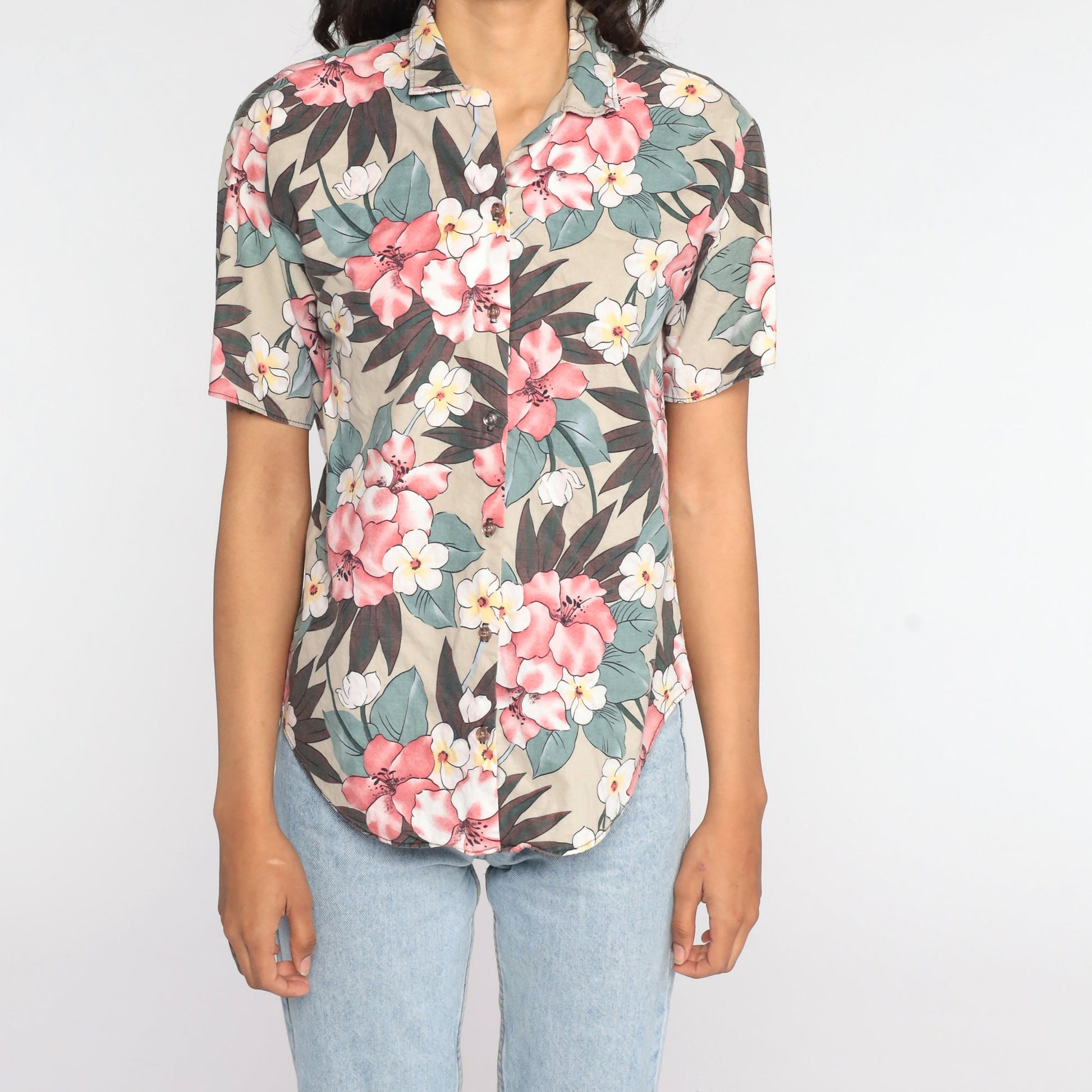 80s Tropical Floral Button-Up Shirt Taupe Flower Print Medium