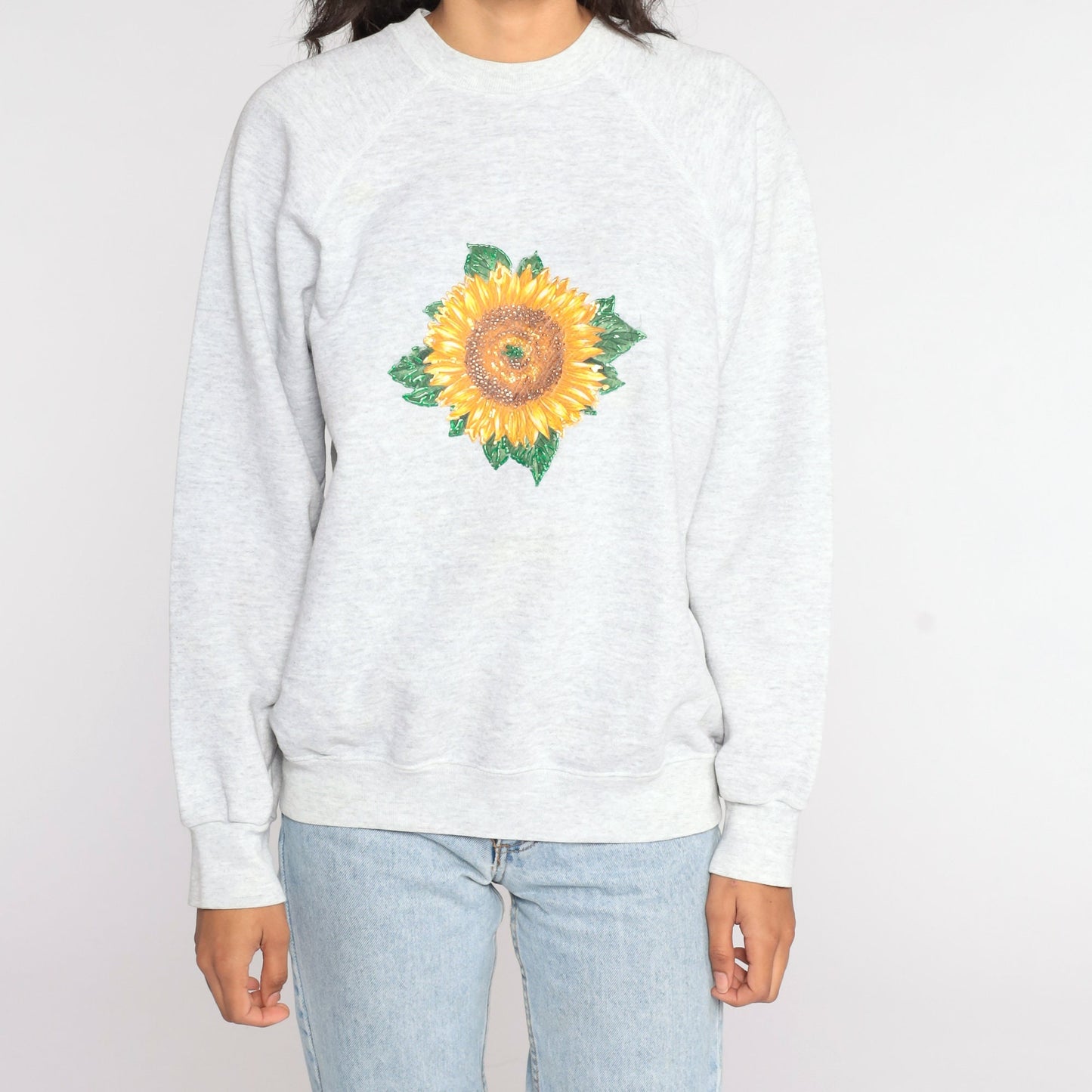 90s Sunflower Sweatshirt Grey Floral Raglan Graphic Pullover Large L