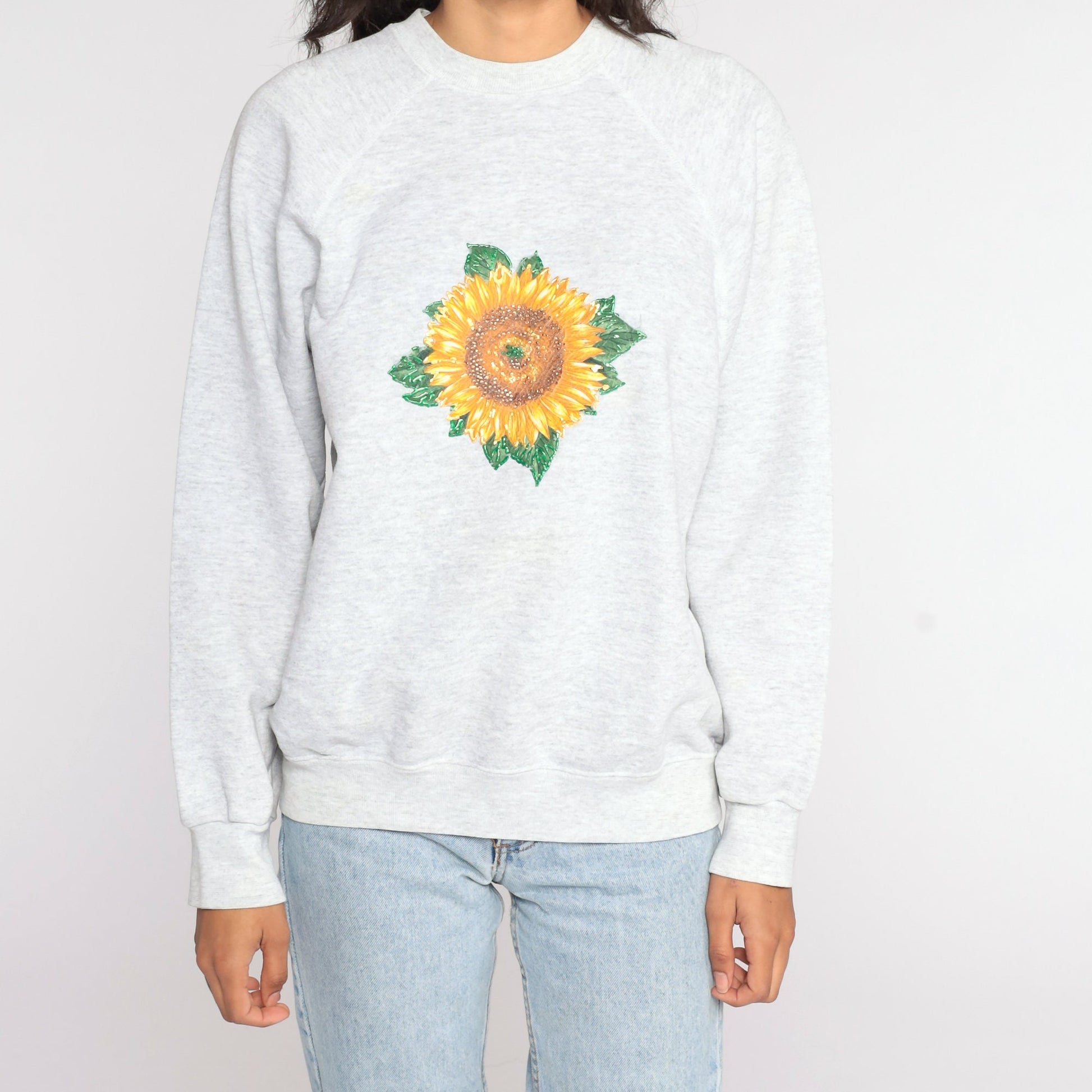 90s Sunflower Sweatshirt Grey Floral Raglan Graphic Pullover Large L