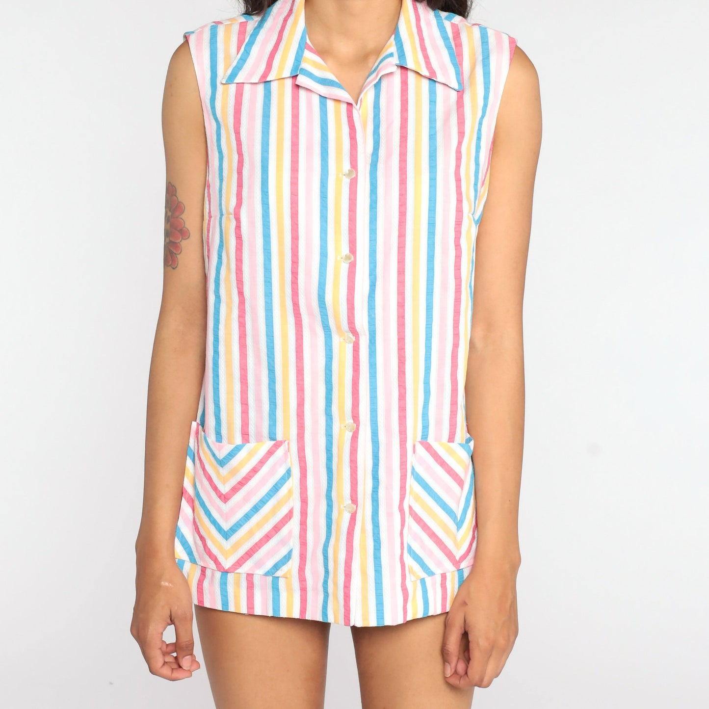 70s Rainbow Striped Button-Up Tank Top Sleeveless Blouse Medium Large