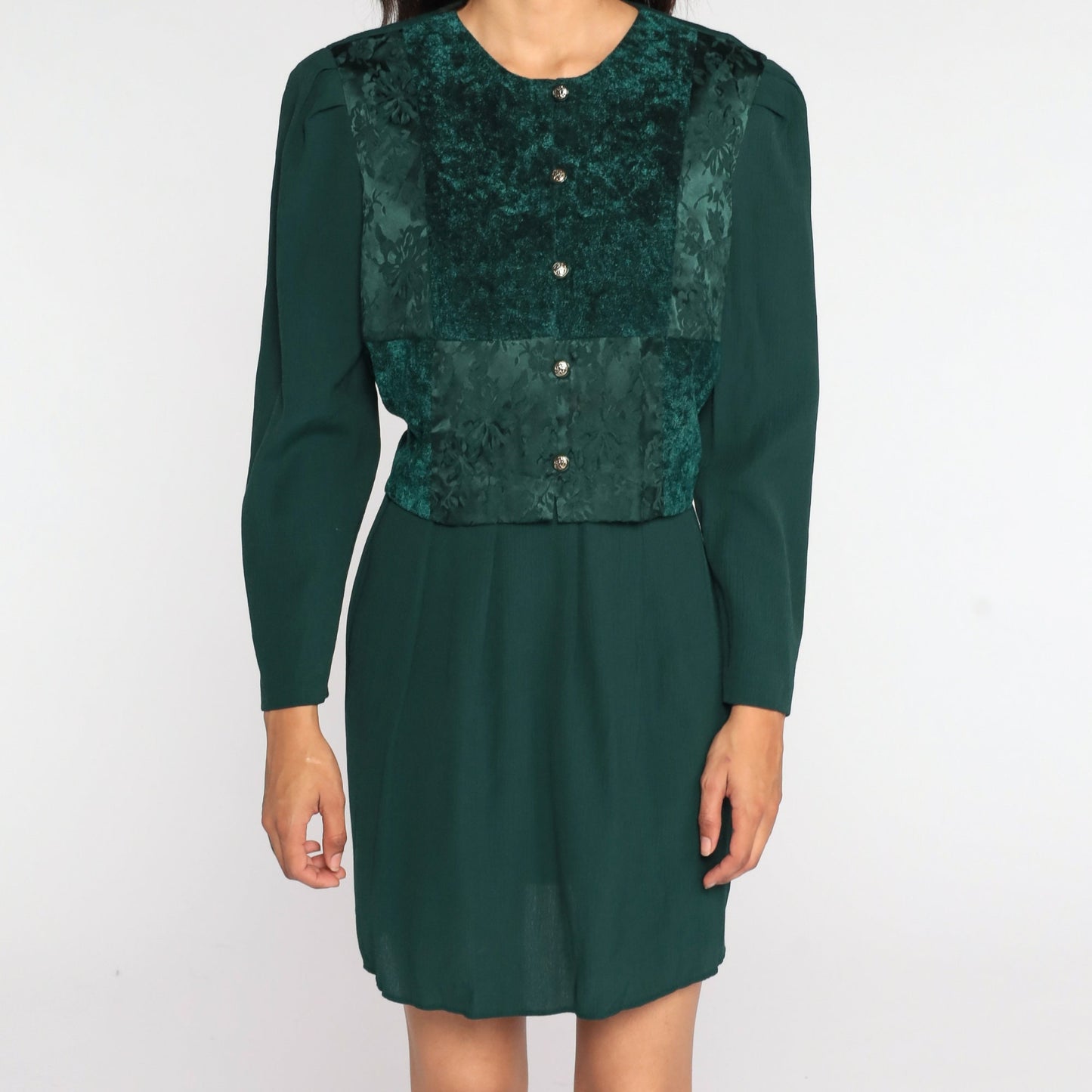 80s Green Mini Dress Button-Up Puff Sleeve Floral Embossed Large L