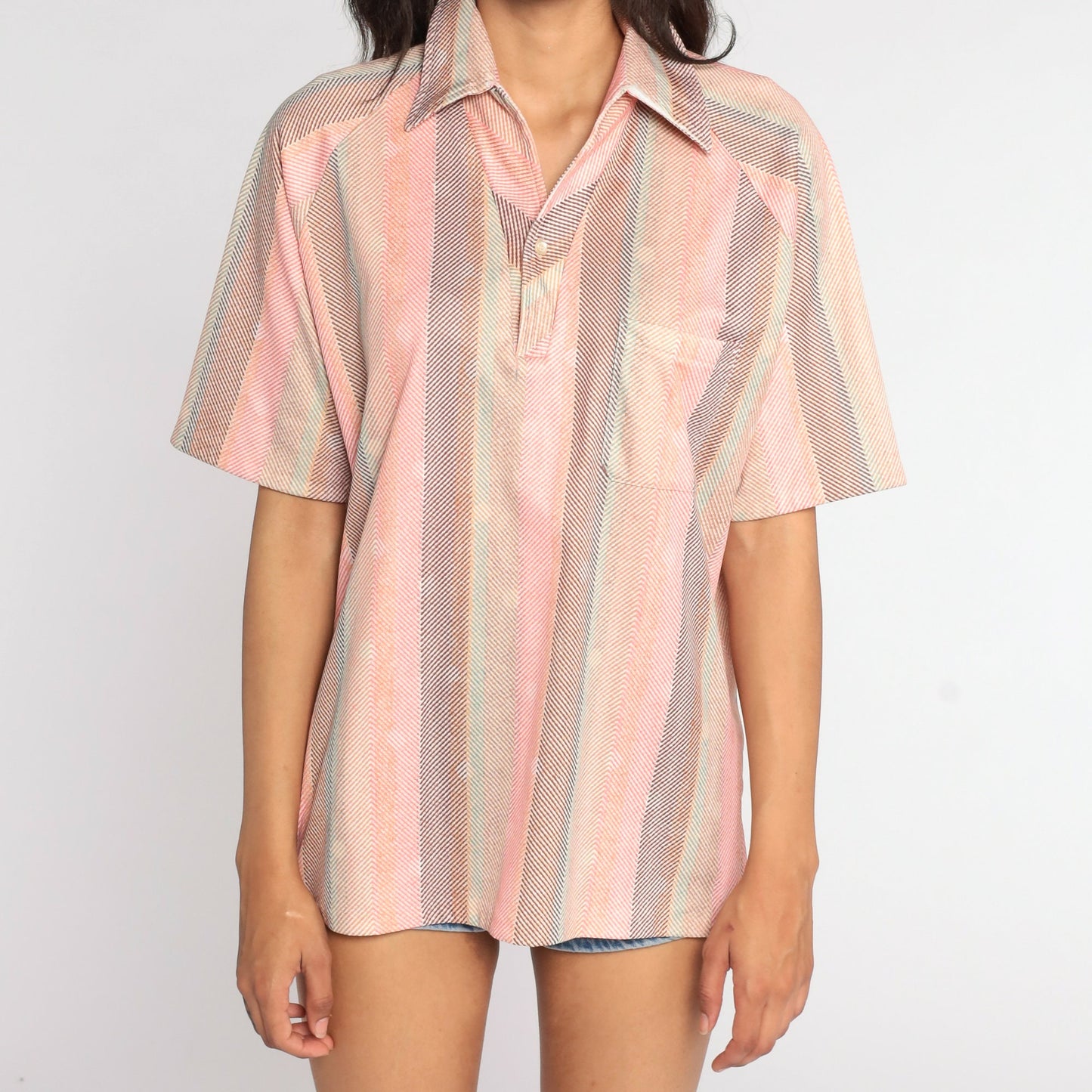 70s Pink Striped Polo Shirt Half Button Dagger Collar Large