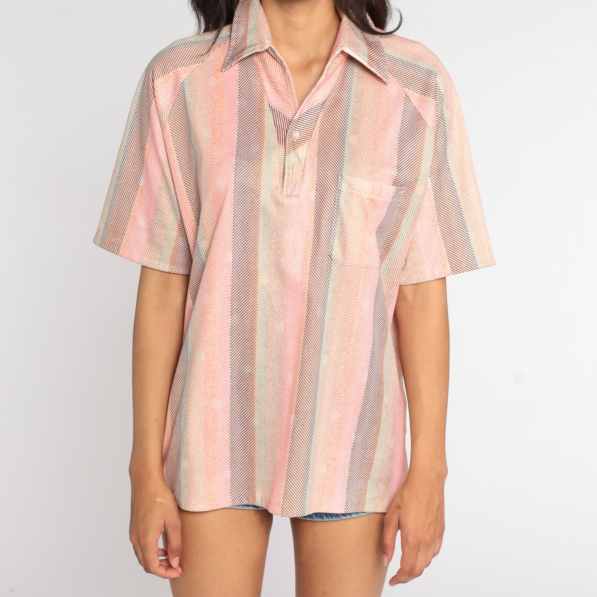 70s Pink Striped Polo Shirt Half Button Dagger Collar Large
