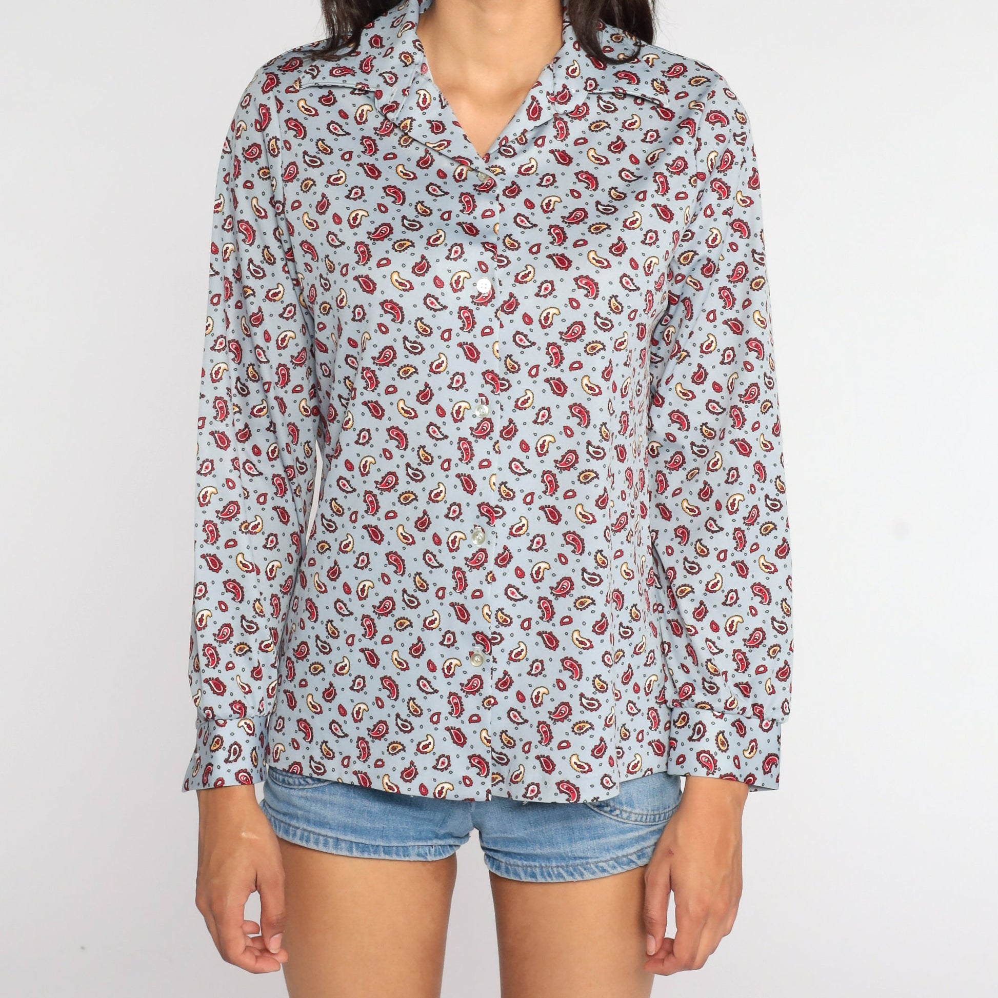 70s Paisley Print Blouse Blue Long Sleeve Button Up Medium