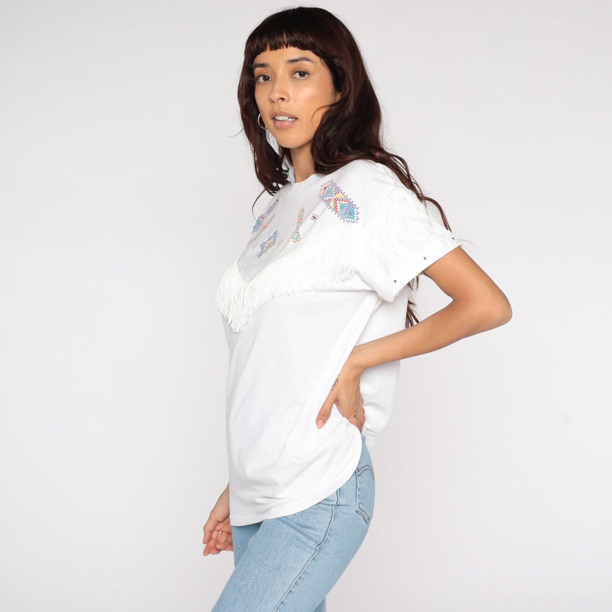 90s Southwest Studded Fringe Cotton T-Shirt White Graphic Tee Medium