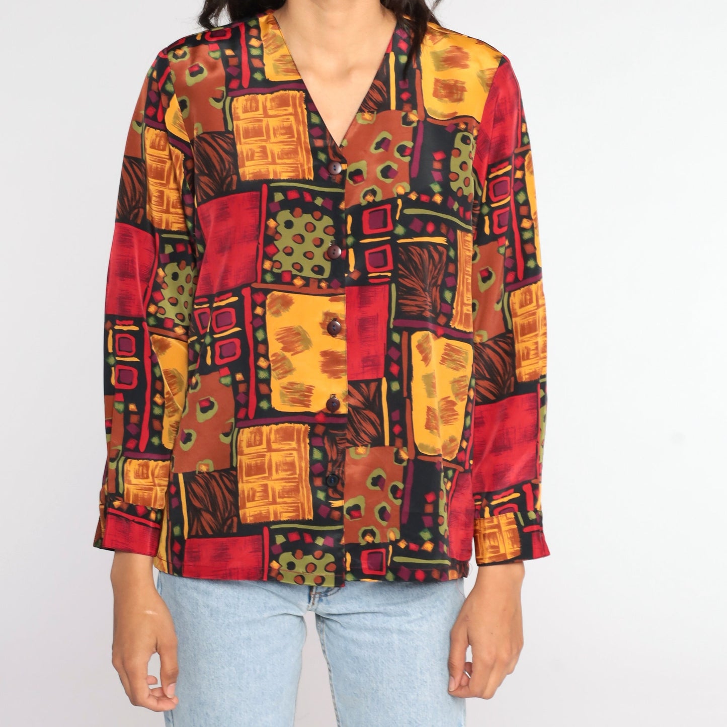 90s Geometric Print Button-Up Shirt Red Yellow Long Sleeve Medium Large