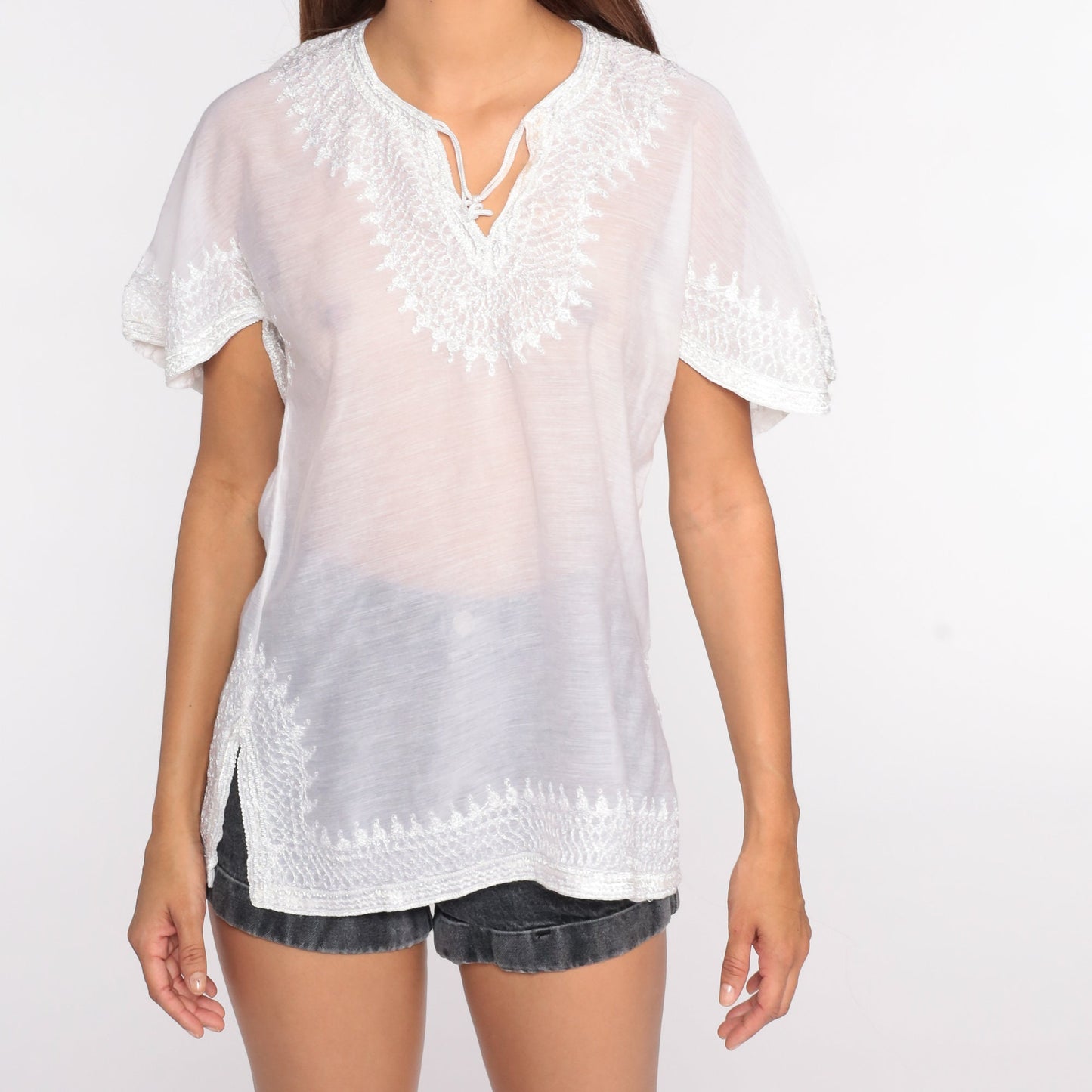 00s Sheer White Embroidered Floral Blouse Short Sleeve Top Small S