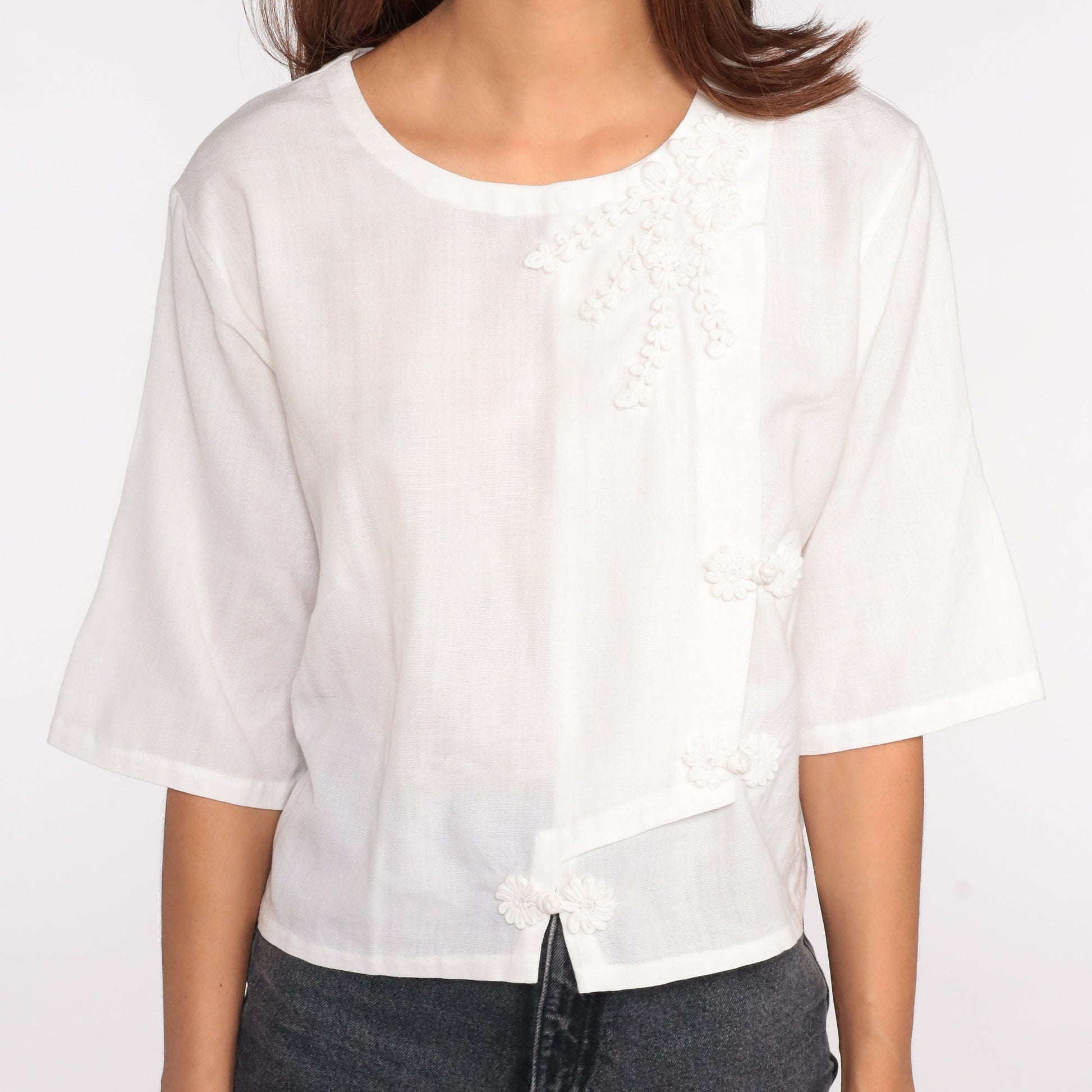 80s White Floral Frog Closure Blouse Short Sleeve Button Up Medium Large