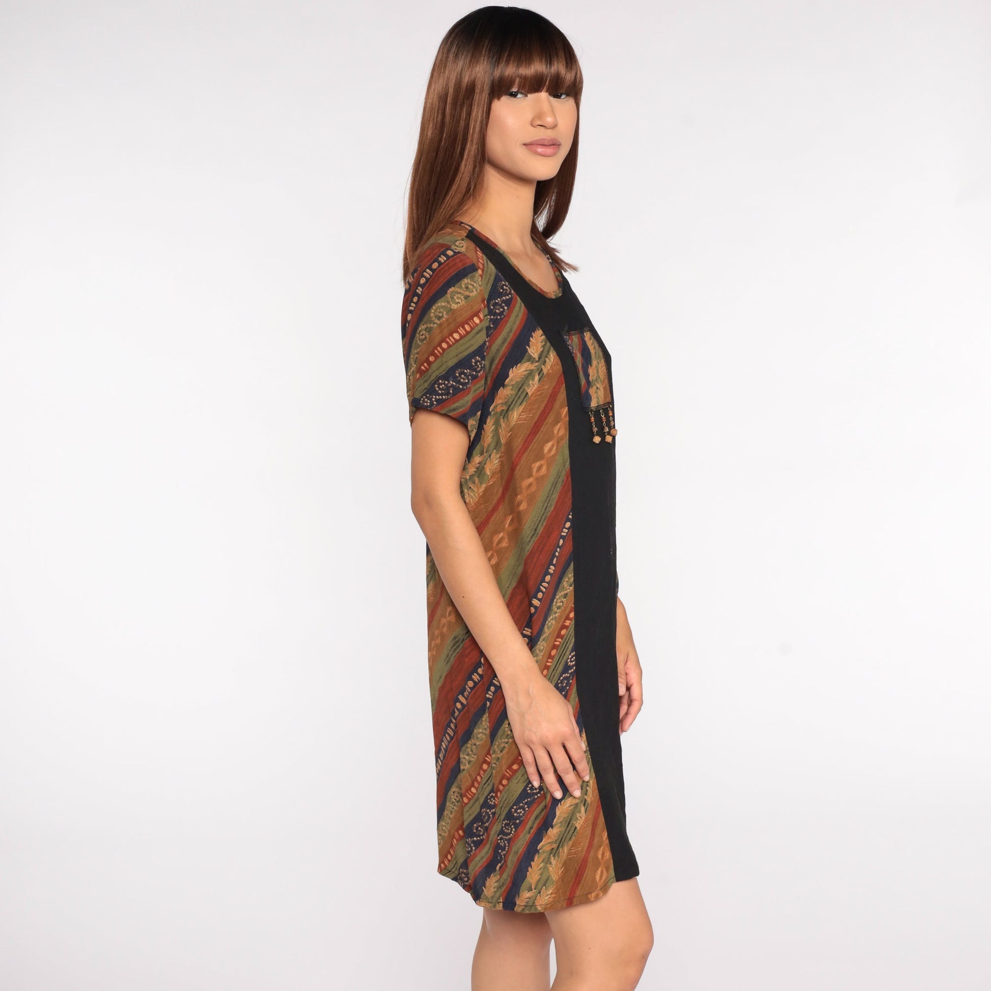 90s Striped Mini Dress Beaded Chest Black Shift Small S