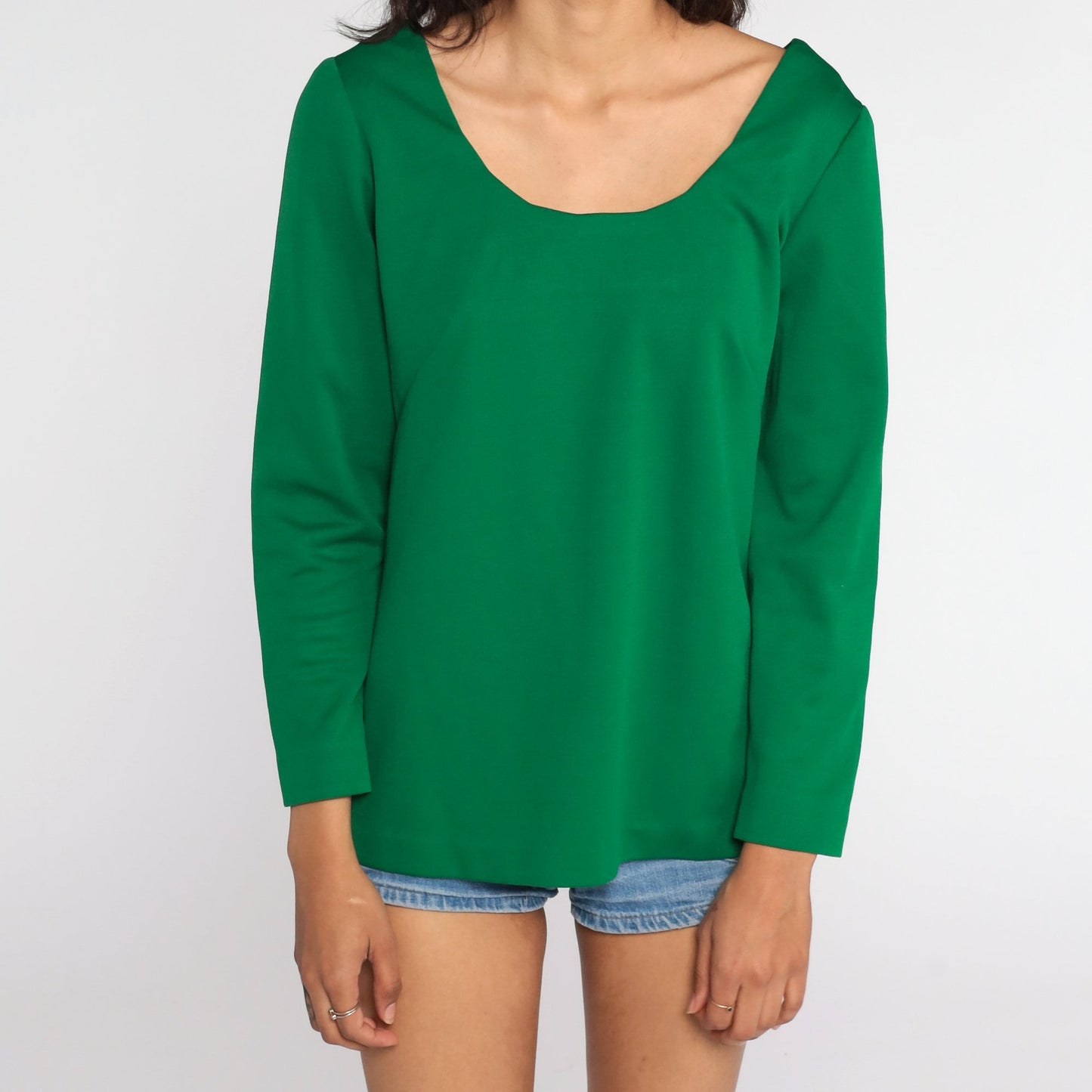 70s Kelly Green Long Sleeve Scoop Neck Shirt Polyester Small Medium