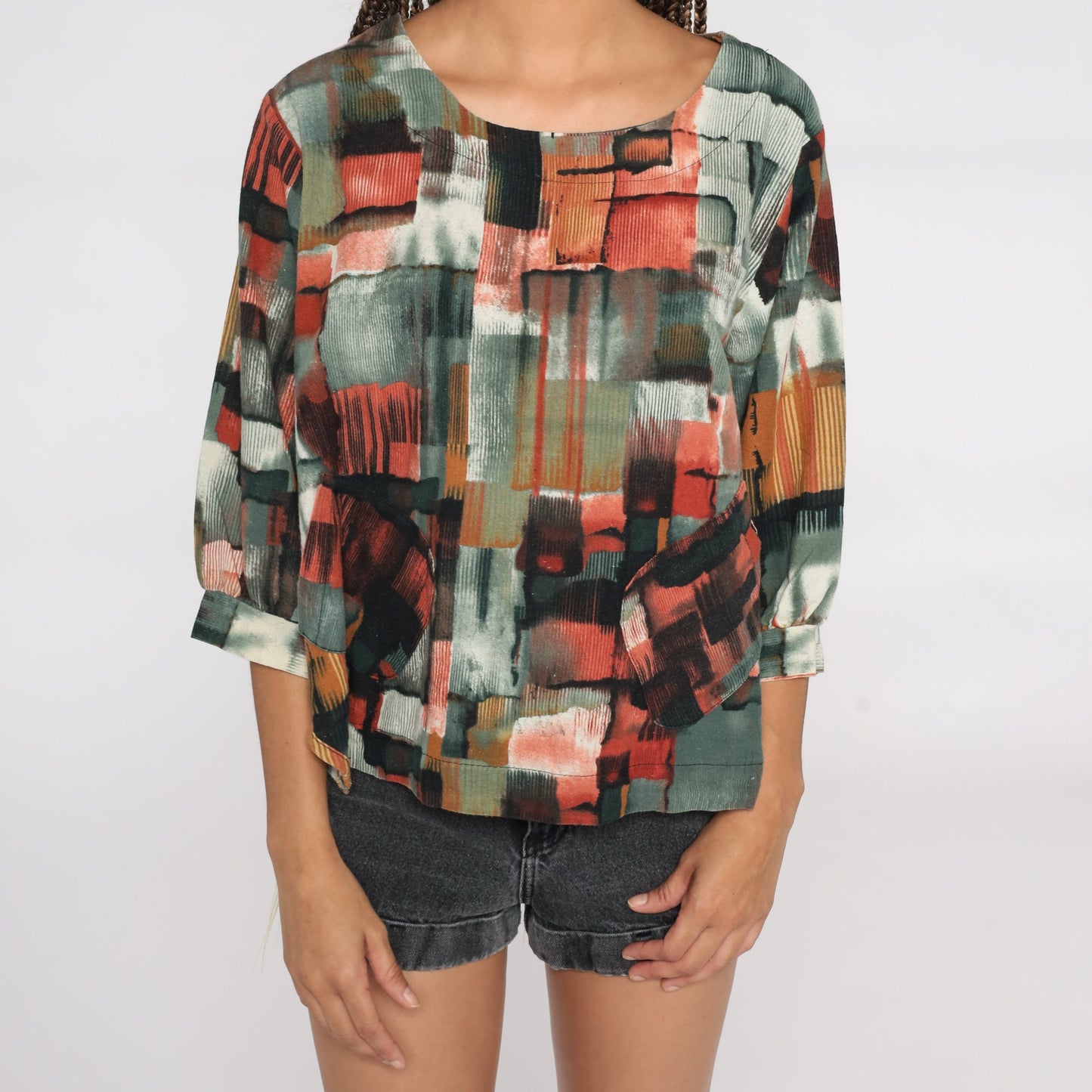90s Abstract Geometric Brushstroke Blouse Red Grey Short Sleeve Large L