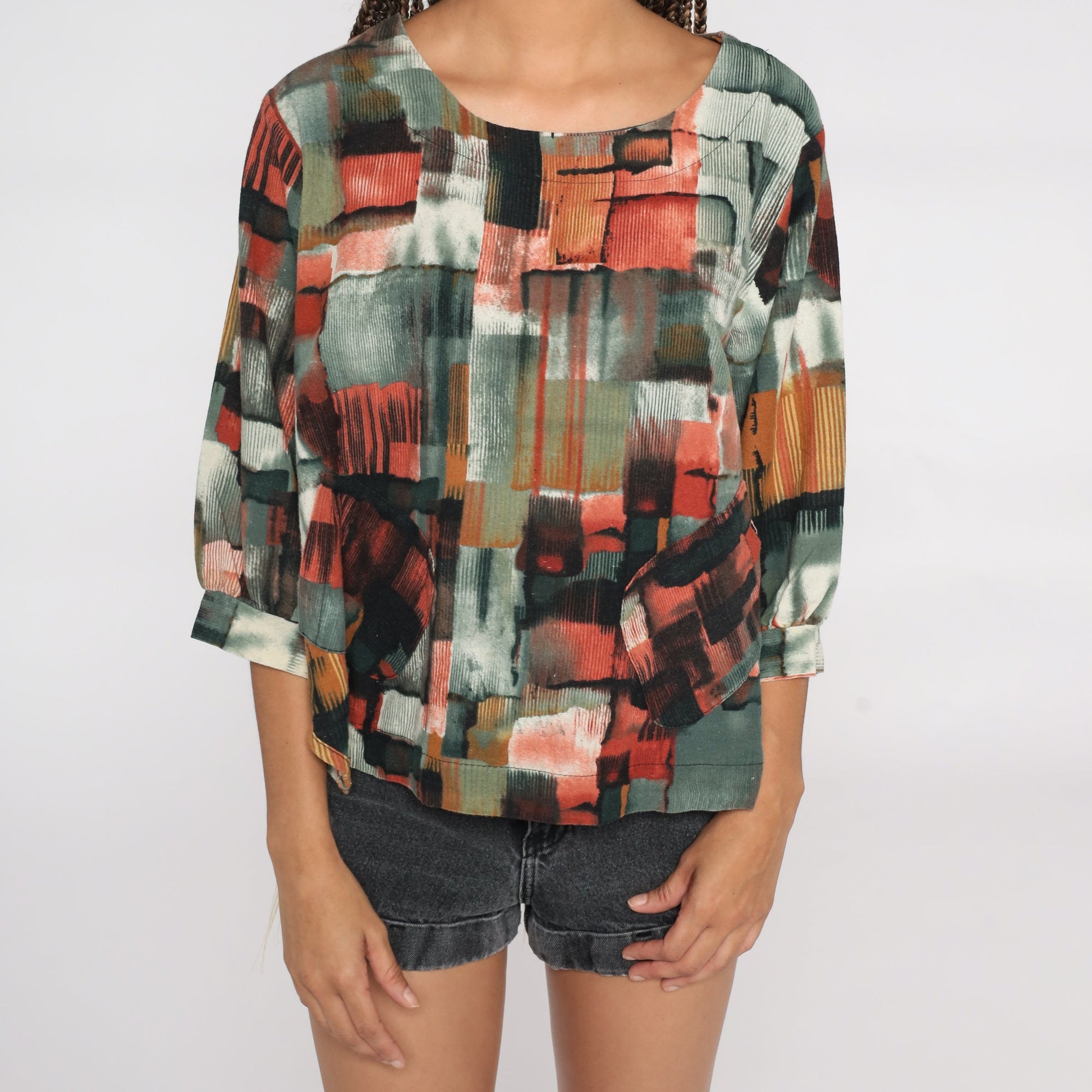 90s Abstract Geometric Brushstroke Blouse Red Grey Short Sleeve Large L