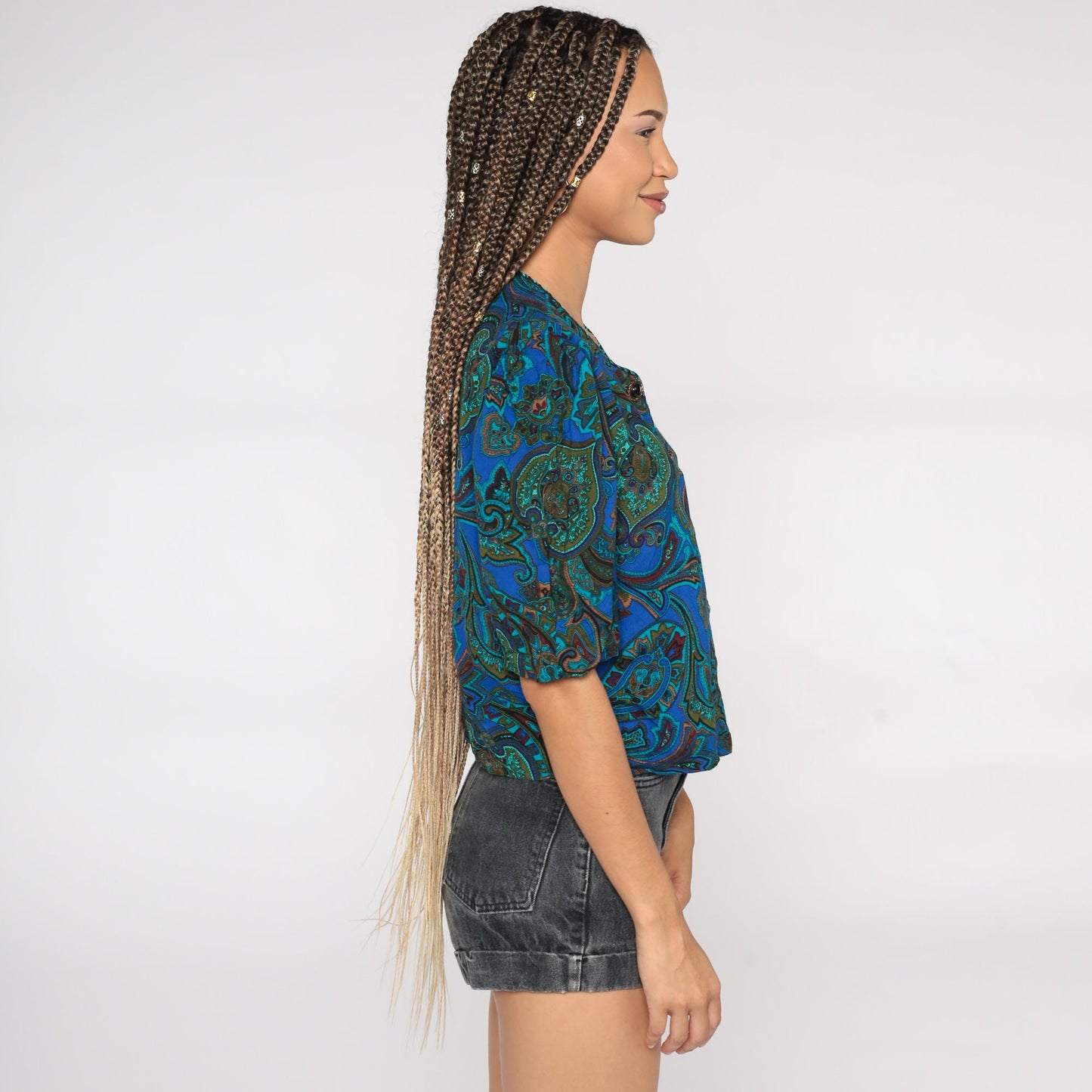 80s Paisley Puff Sleeve Button-Up Blouse Blue Medium