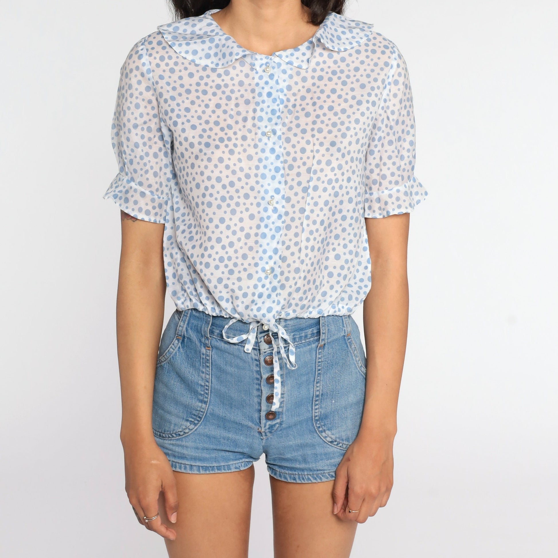 70s Polka Dot Crop Top Sheer White Pearl Button Blouse Small