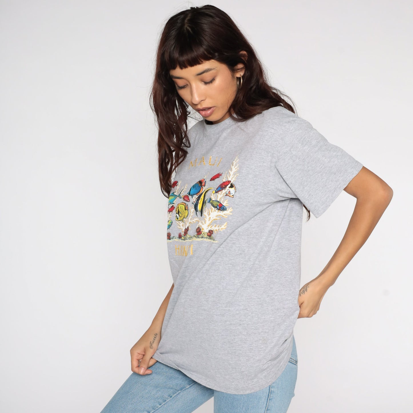90s Maui Tropical Fish Graphic T-Shirt Grey Large L