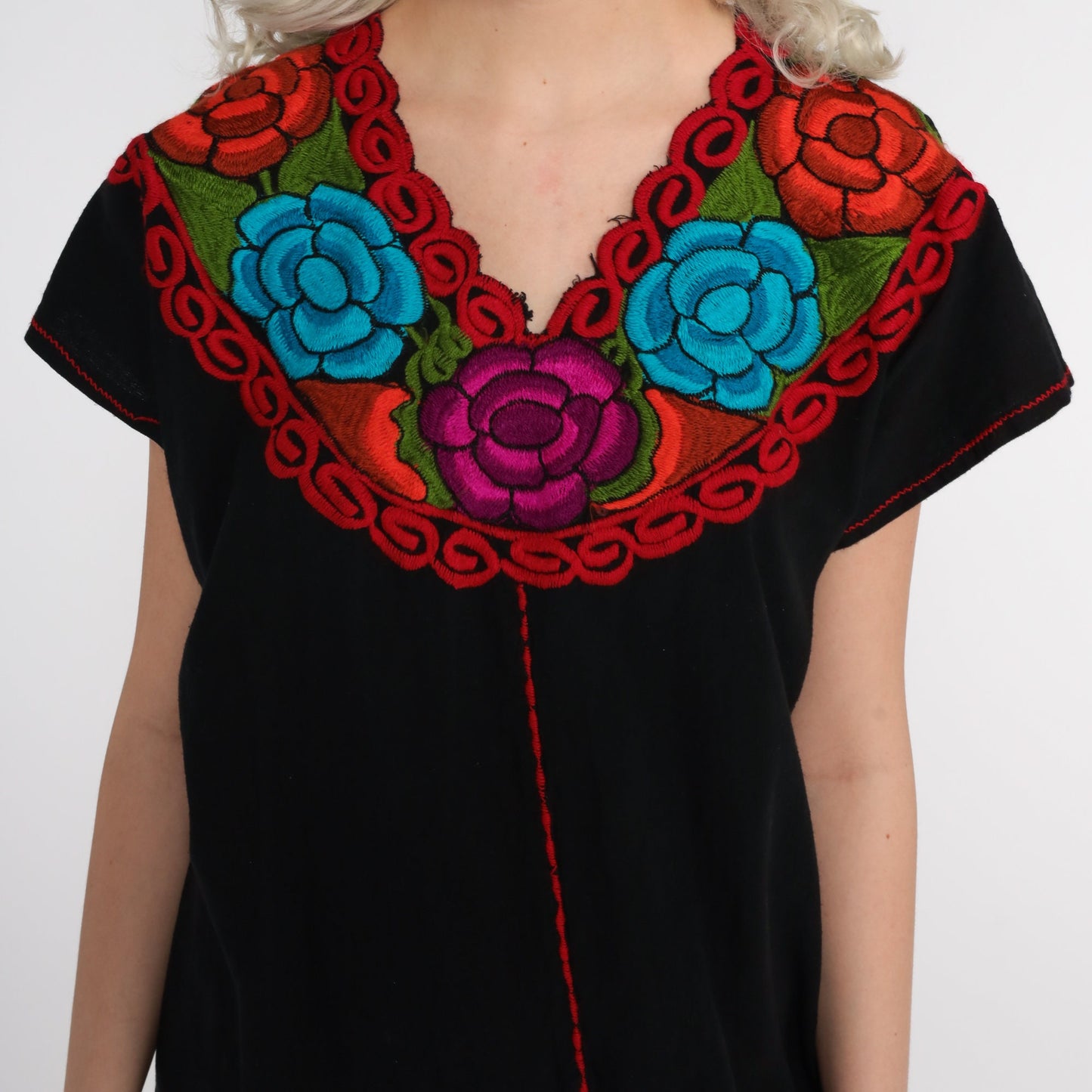 80s Black Cotton Mexican Tunic Dress Floral Embroidery Medium