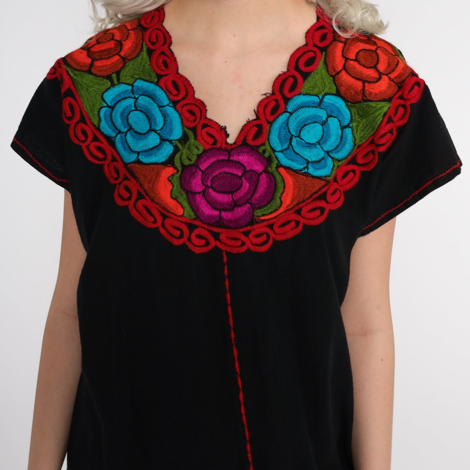 80s Black Cotton Mexican Tunic Dress Floral Embroidery Medium