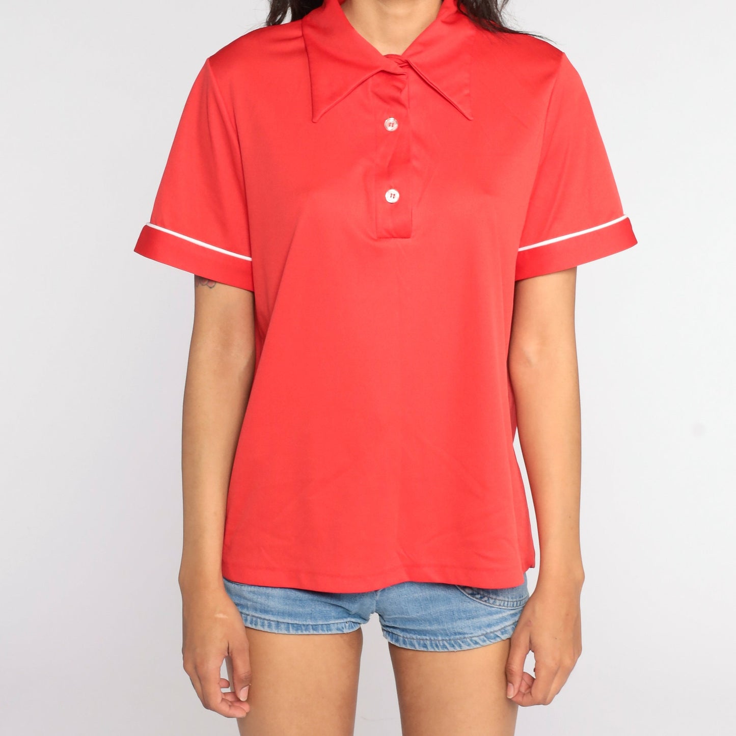 70s Red Polo Shirt Half Button Collared Short Sleeve Extra Large