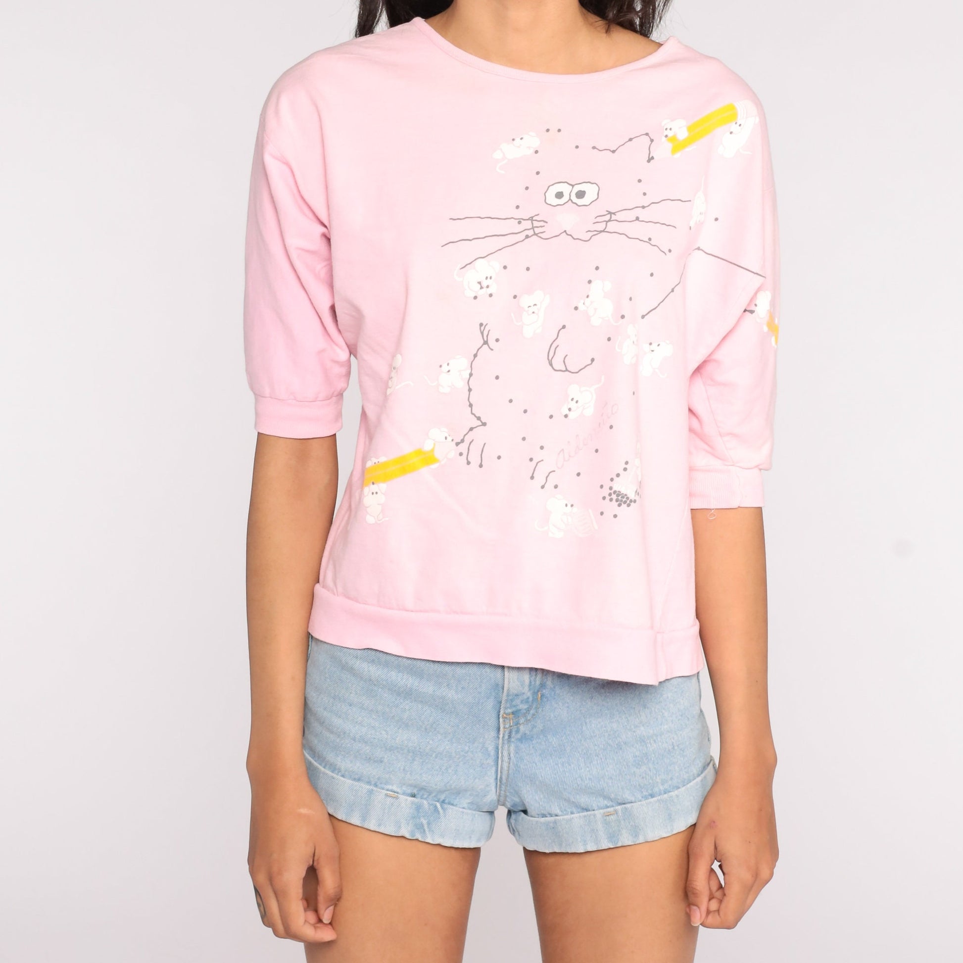 80s Cat Mouse Connect The Dots Graphic T-Shirt Baby Pink Cotton Small