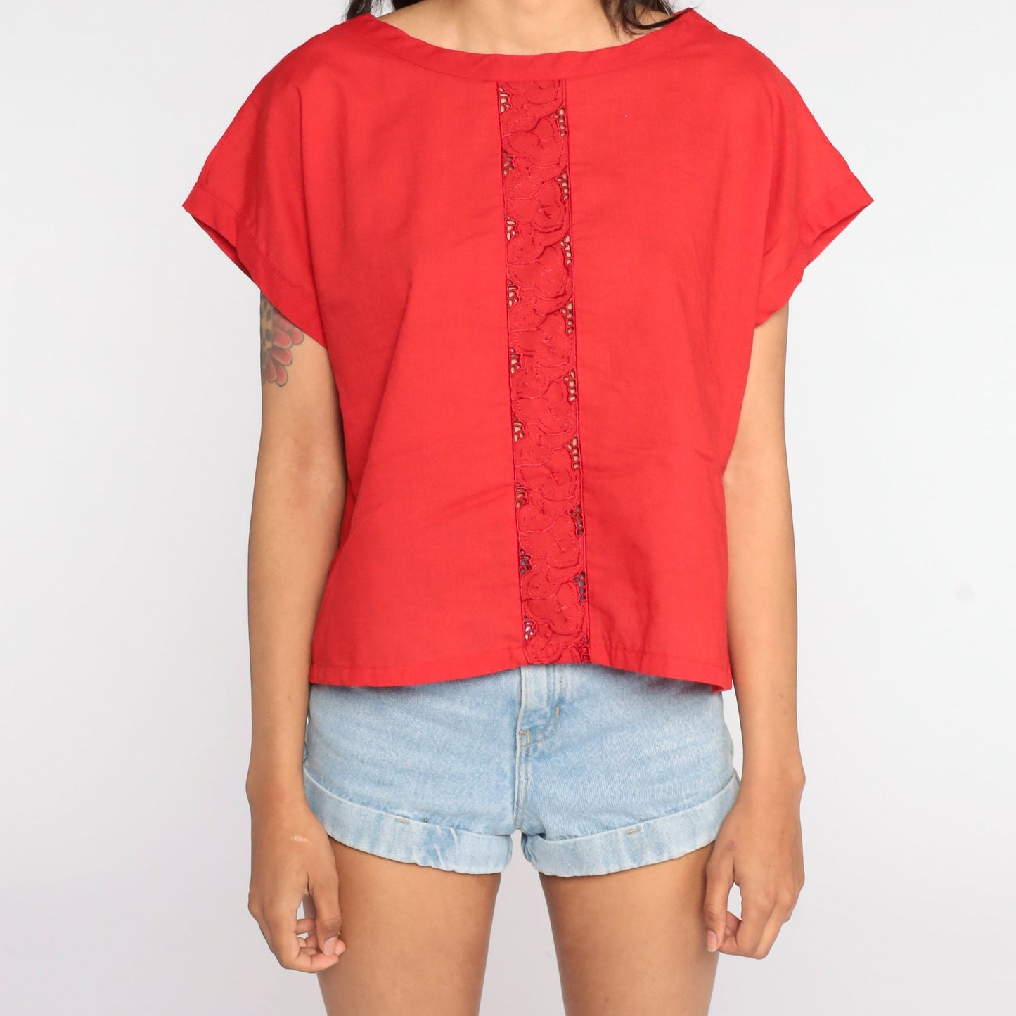80s Red Embroidered Cutwork Blouse Short Sleeve Cutout Top Large L