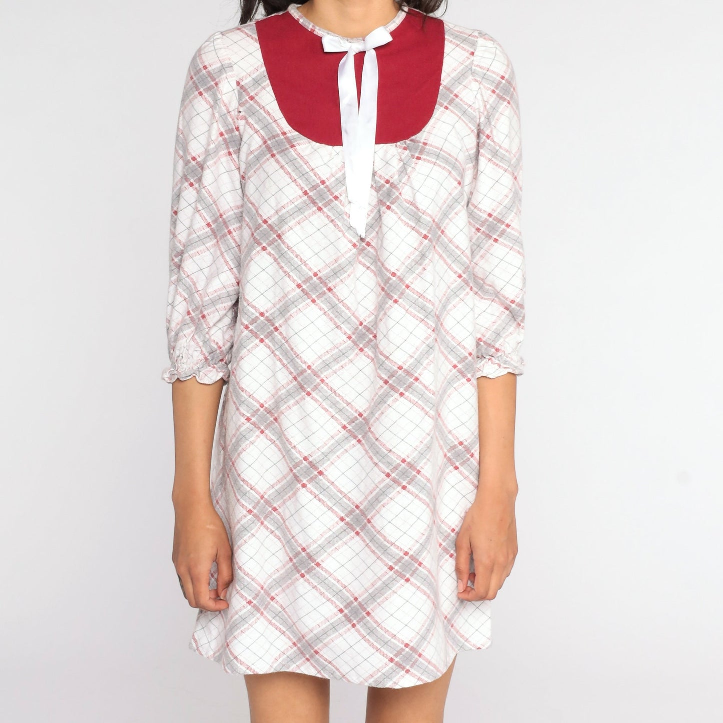 80s White Plaid Pajama Dress Bib Bow Cotton Nightgown Small