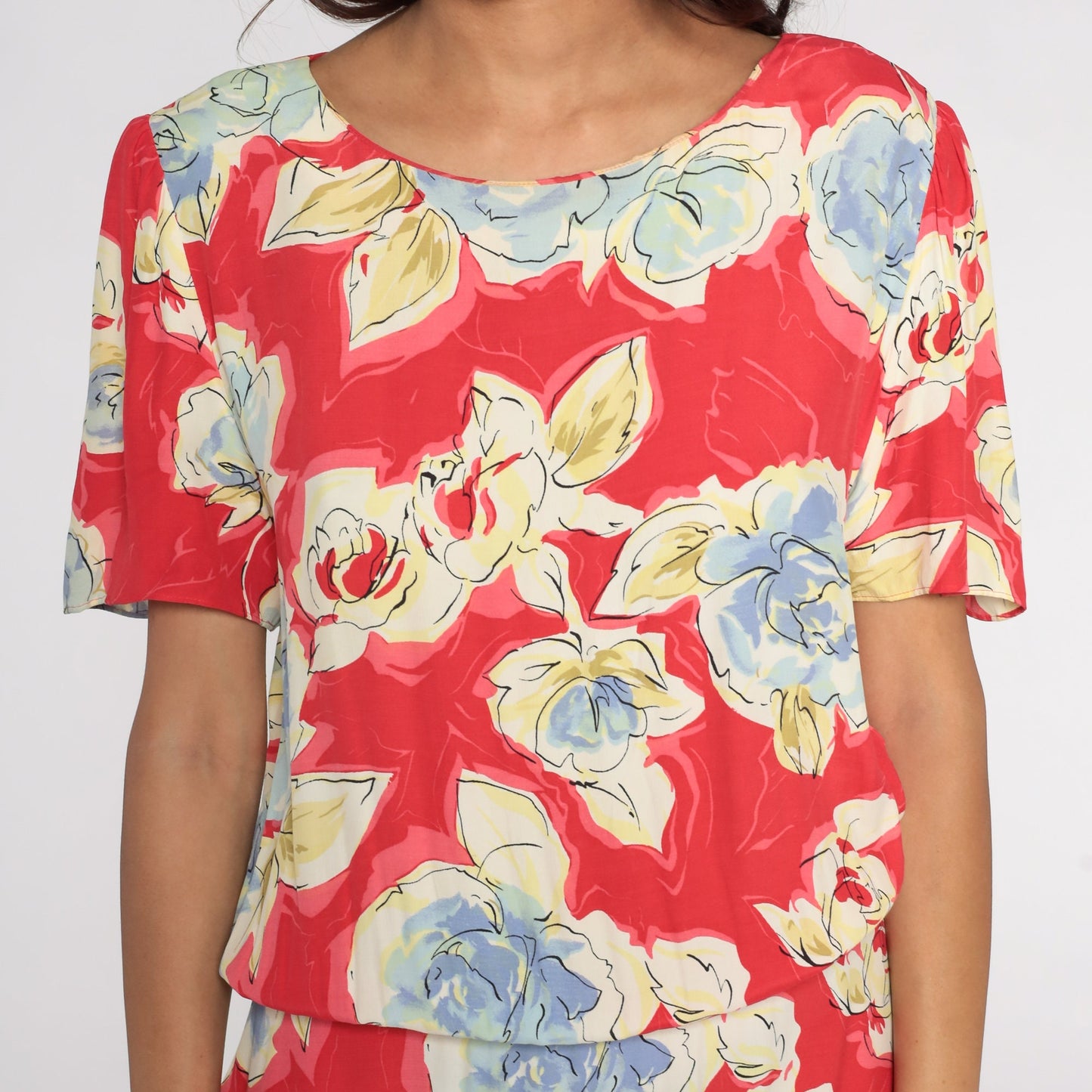 90s Red Floral Midi Dress Button Back Short Sleeve Vintage Medium