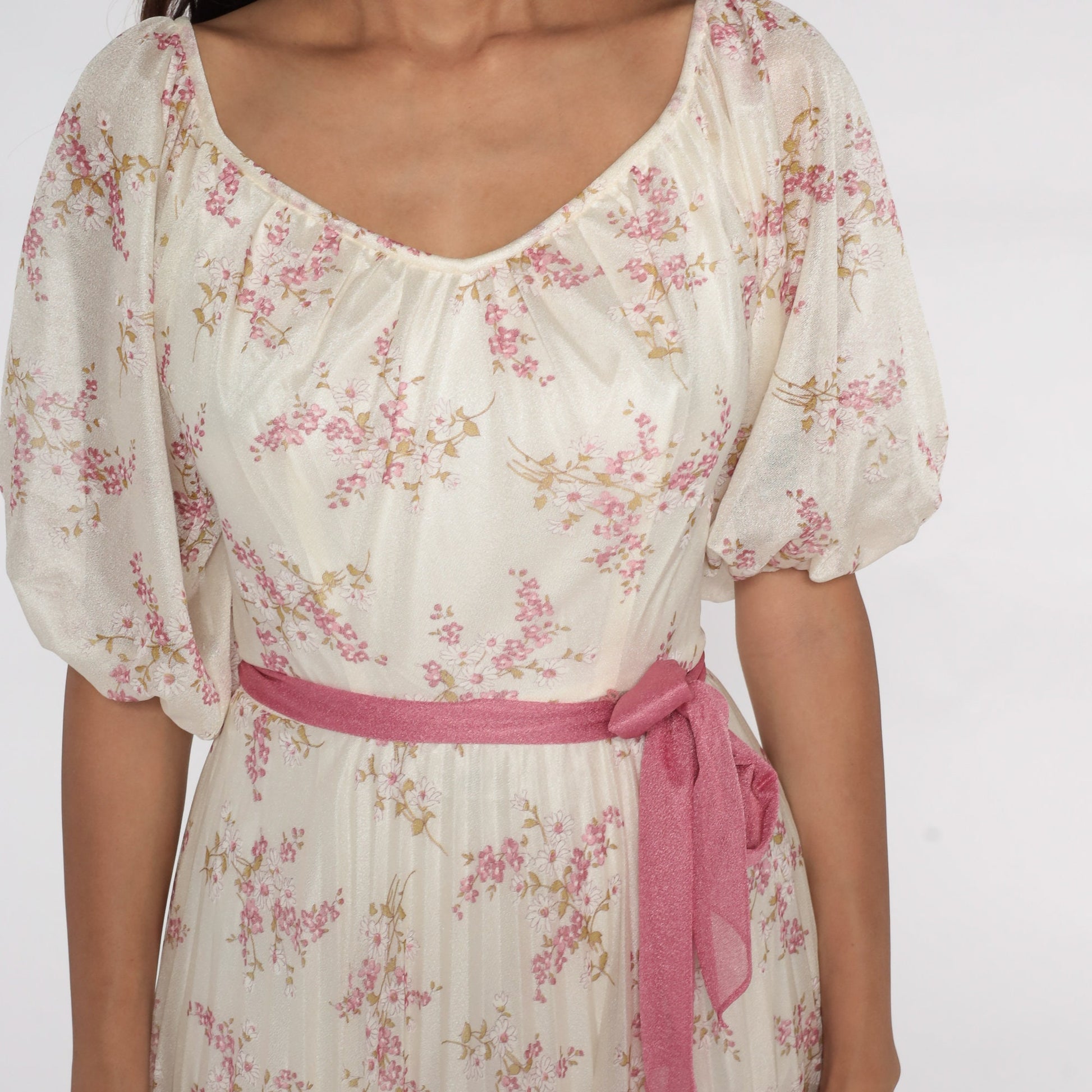 70s Floral Maxi Dress Off-White Pink High Waist Pleated Small