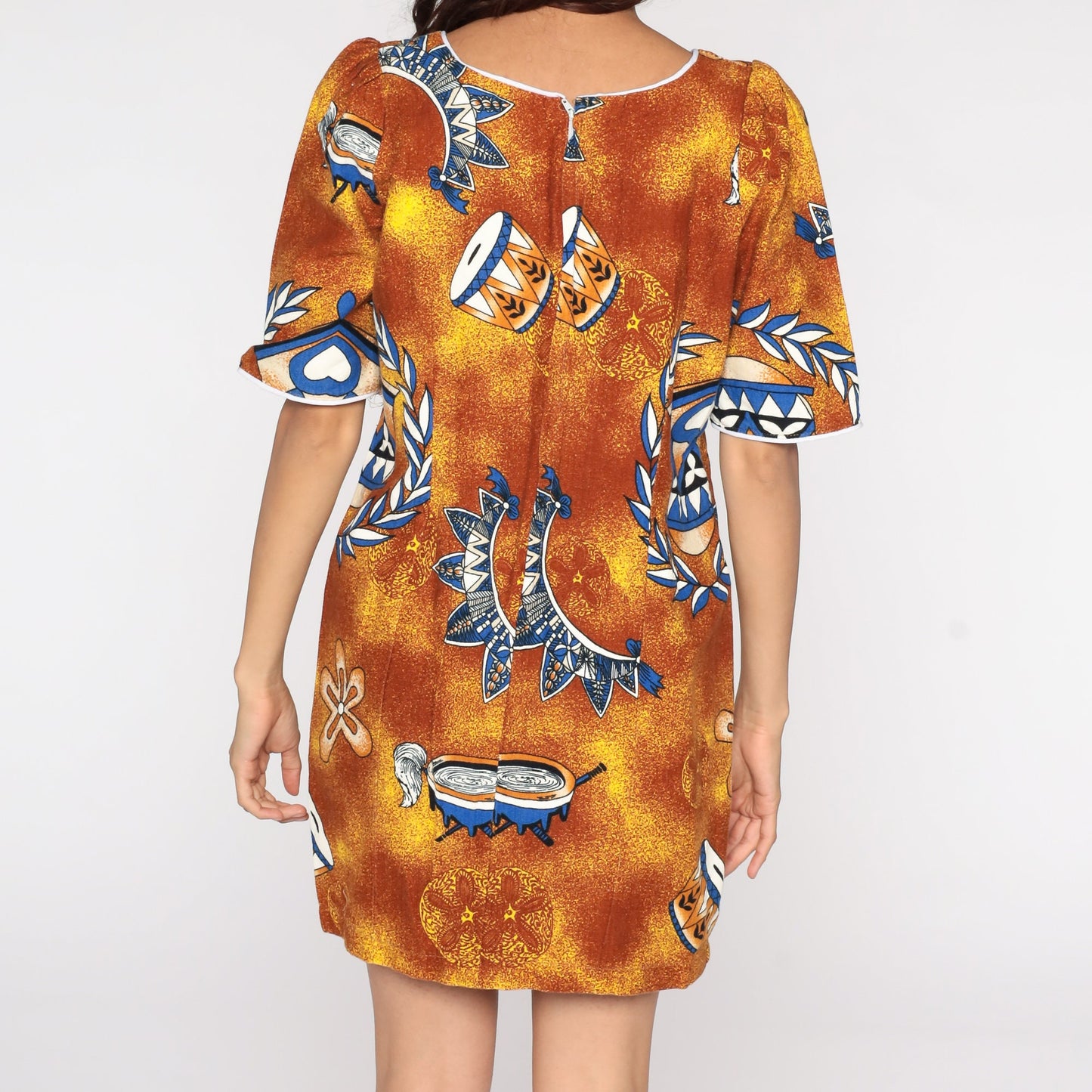 90s Drum Print Mini Dress Puff Sleeve Shift Brown Yellow Cotton Medium