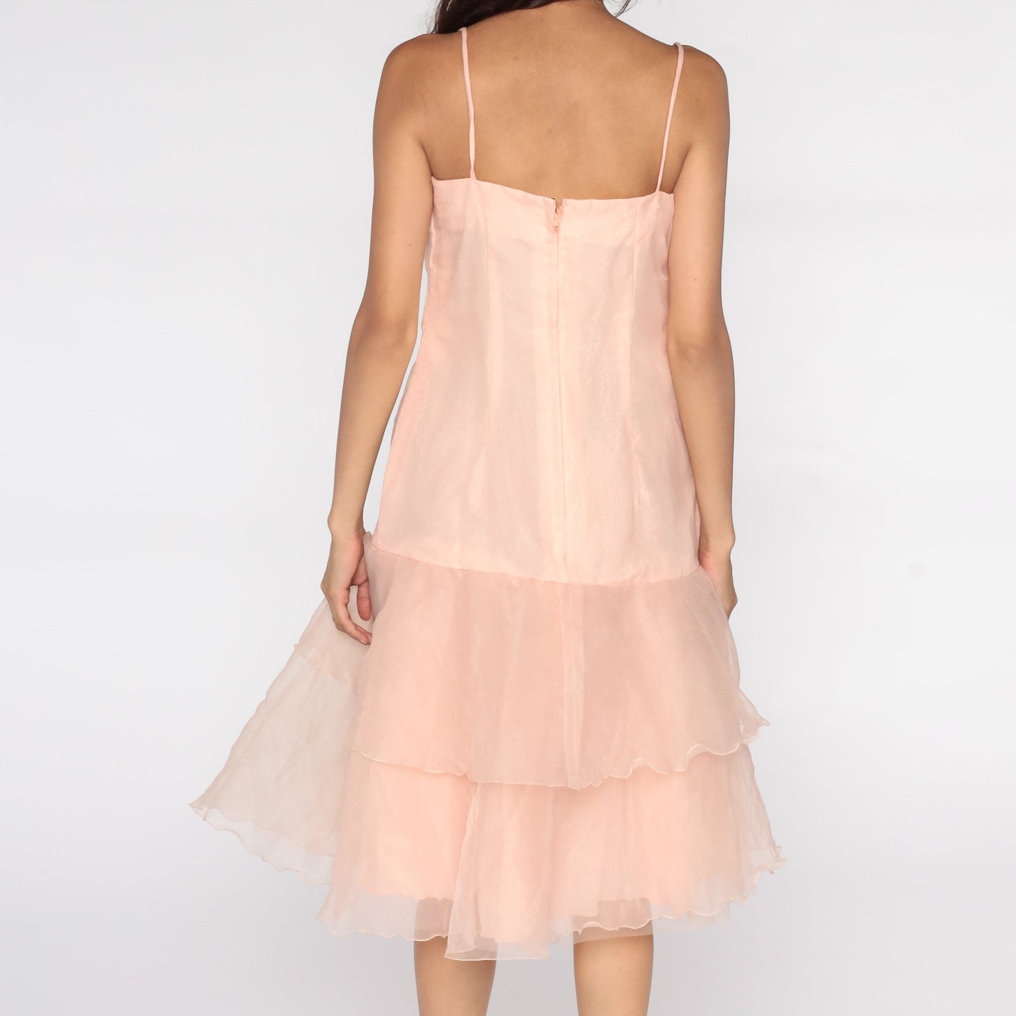 80s Pink Organza Slip Dress Midi Drop Waist Spaghetti Strap Small