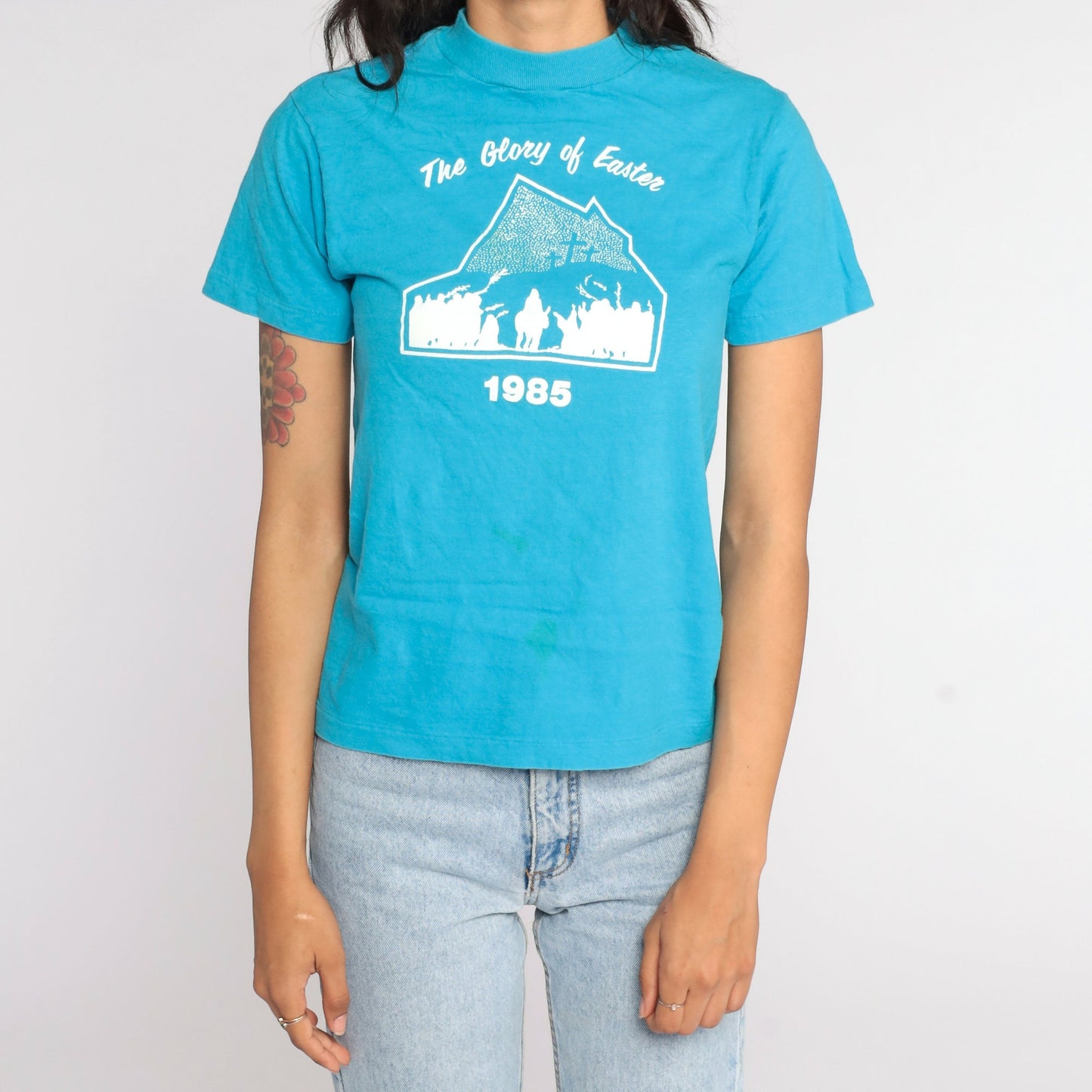 80s Christian Easter 1985 Jesus Graphic T-Shirt Blue Single Stitch Small