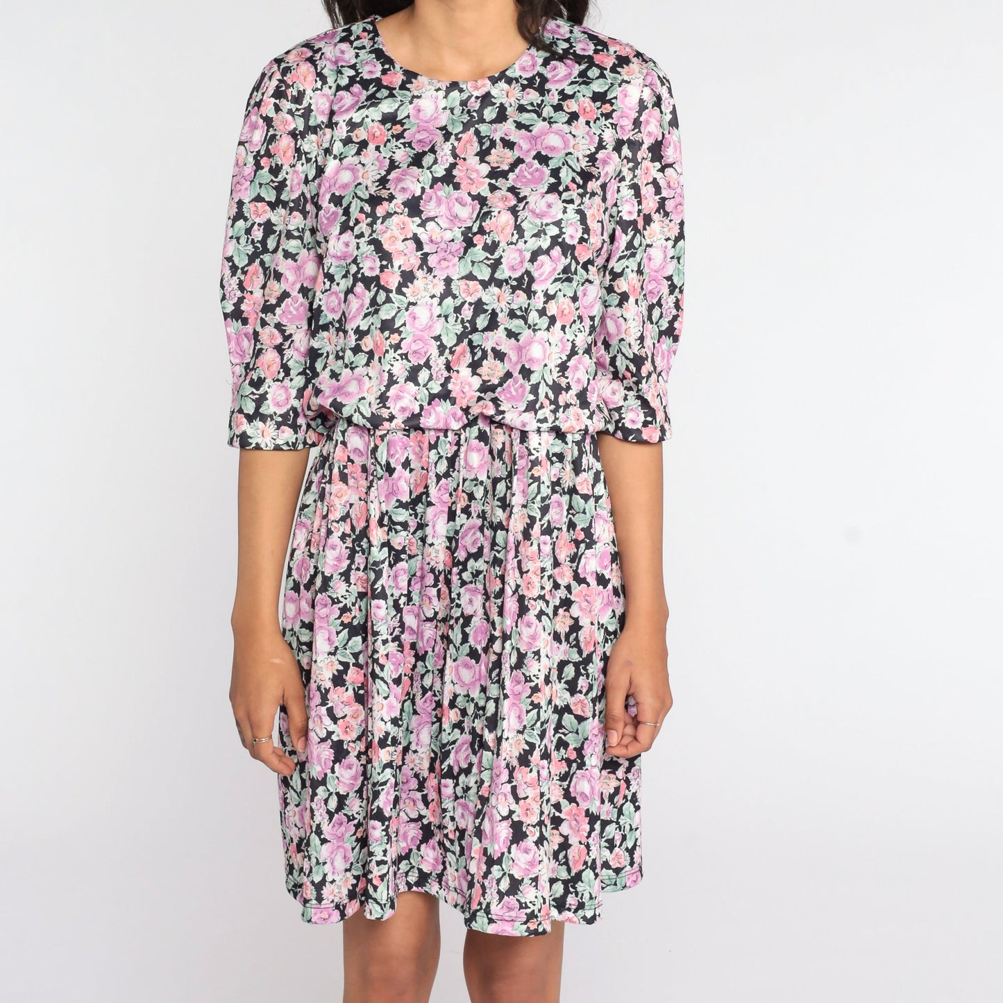 80s Floral Mini Dress Purple Pink Puff Sleeve High Waist Medium Large