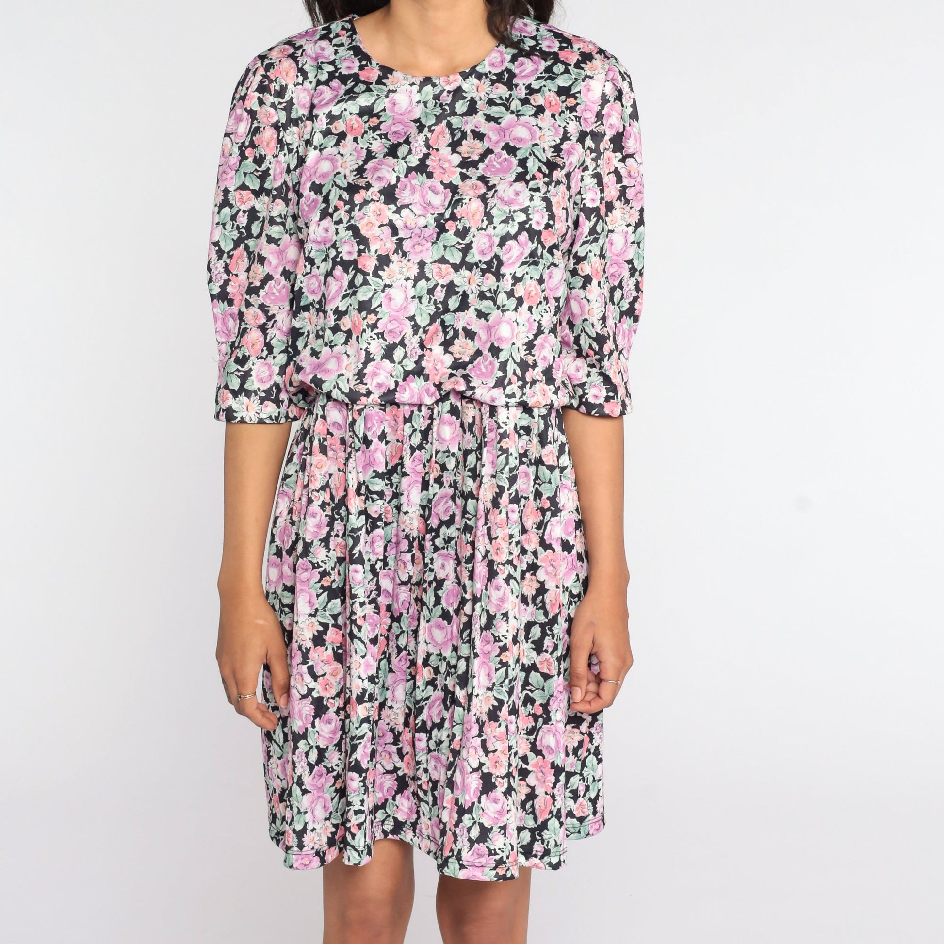 80s Floral Mini Dress Purple Pink Puff Sleeve High Waist Medium Large