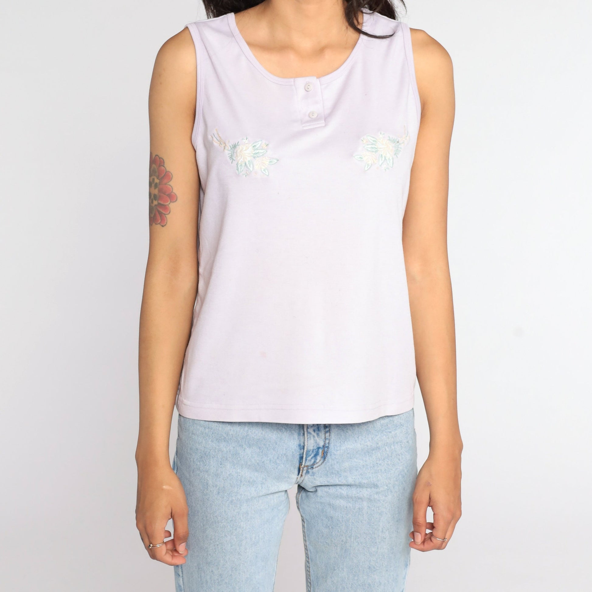 80s Floral Tank Top Lavender Purple Henley Sleeveless Shirt Large