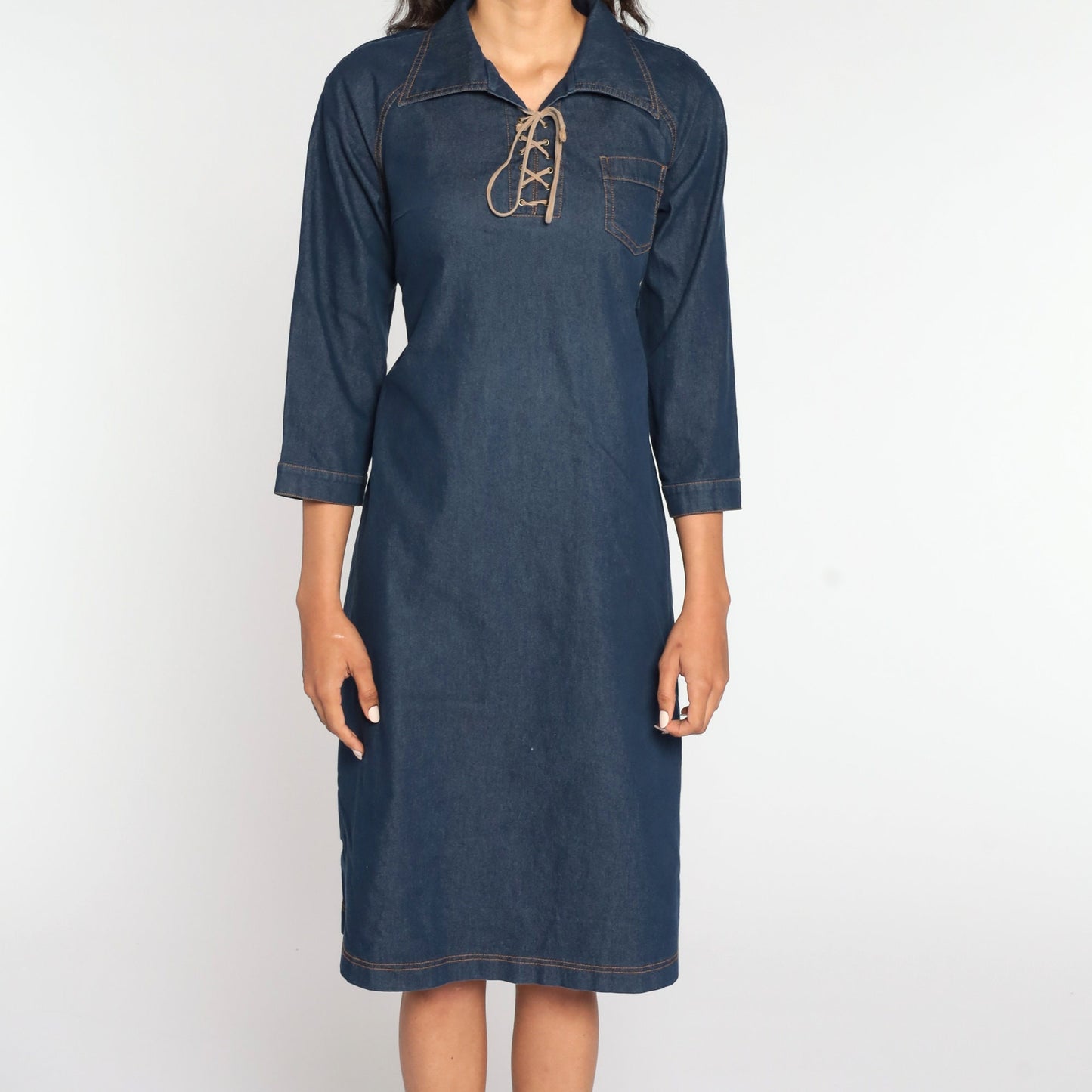 90s Blue Denim Midi Dress Lace-Up Neckline Shift Cut Medium