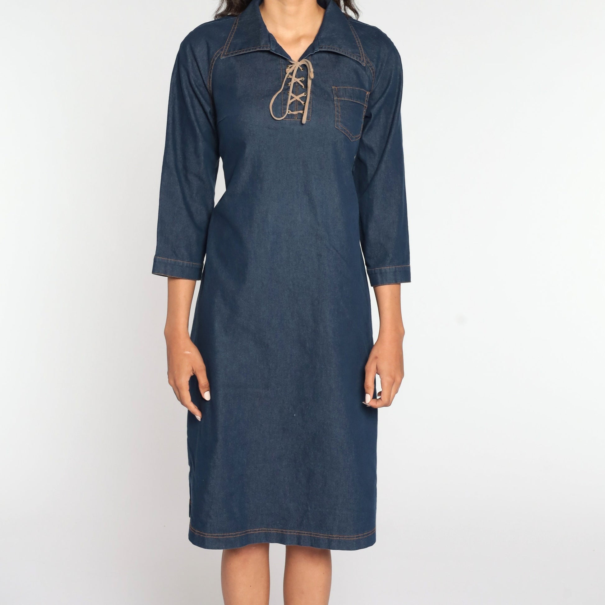 90s Blue Denim Midi Dress Lace-Up Neckline Shift Cut Medium
