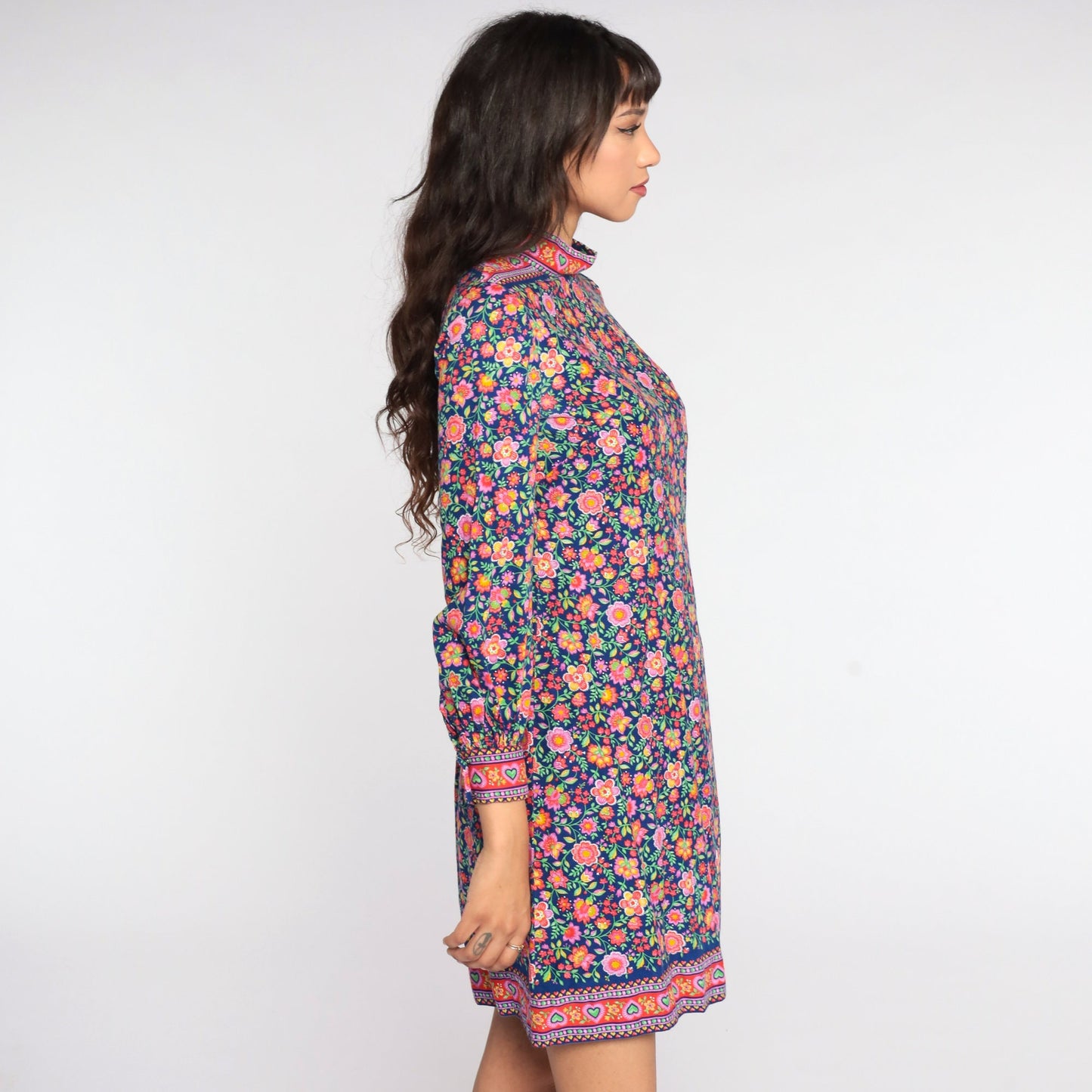 60s Psychedelic Floral Mini Shift Dress Balloon Sleeve Blue Purple Small