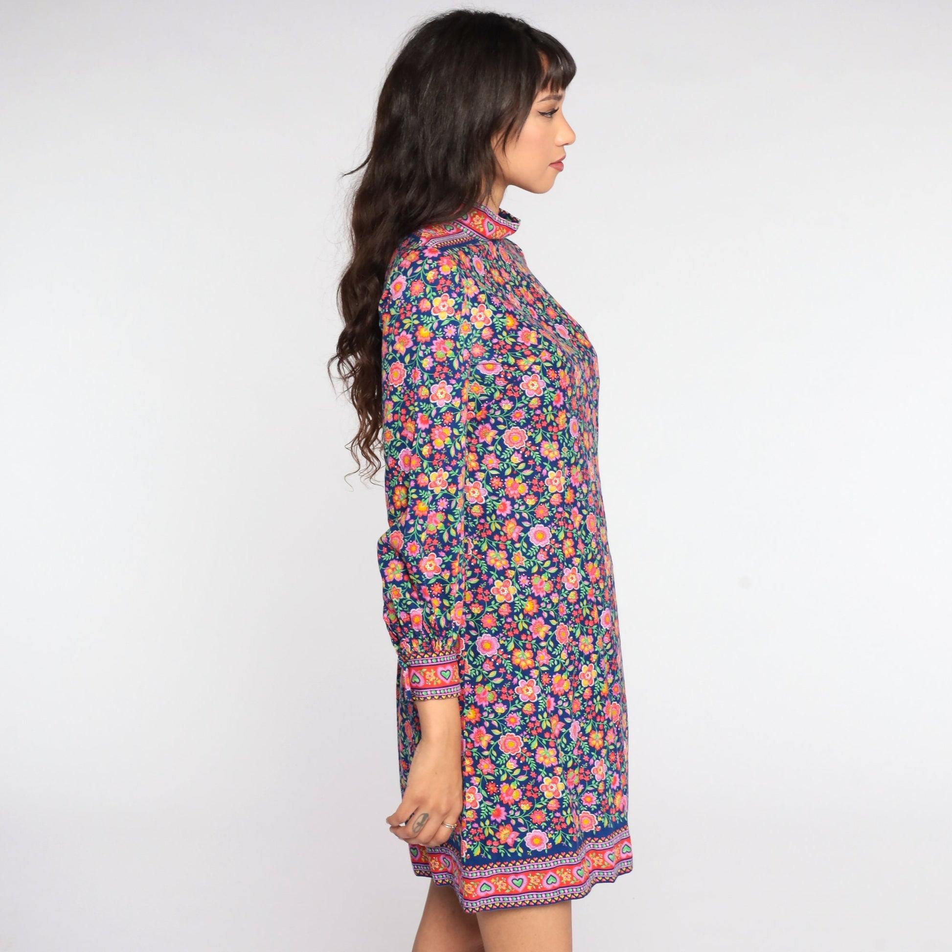 60s Psychedelic Floral Mini Shift Dress Balloon Sleeve Blue Purple Small