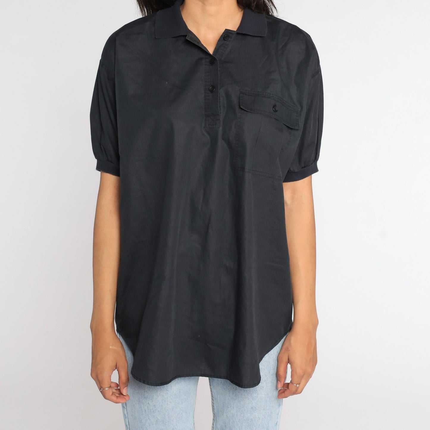 80s Black Polo Shirt Half Button Up Collared Cotton Blend Large