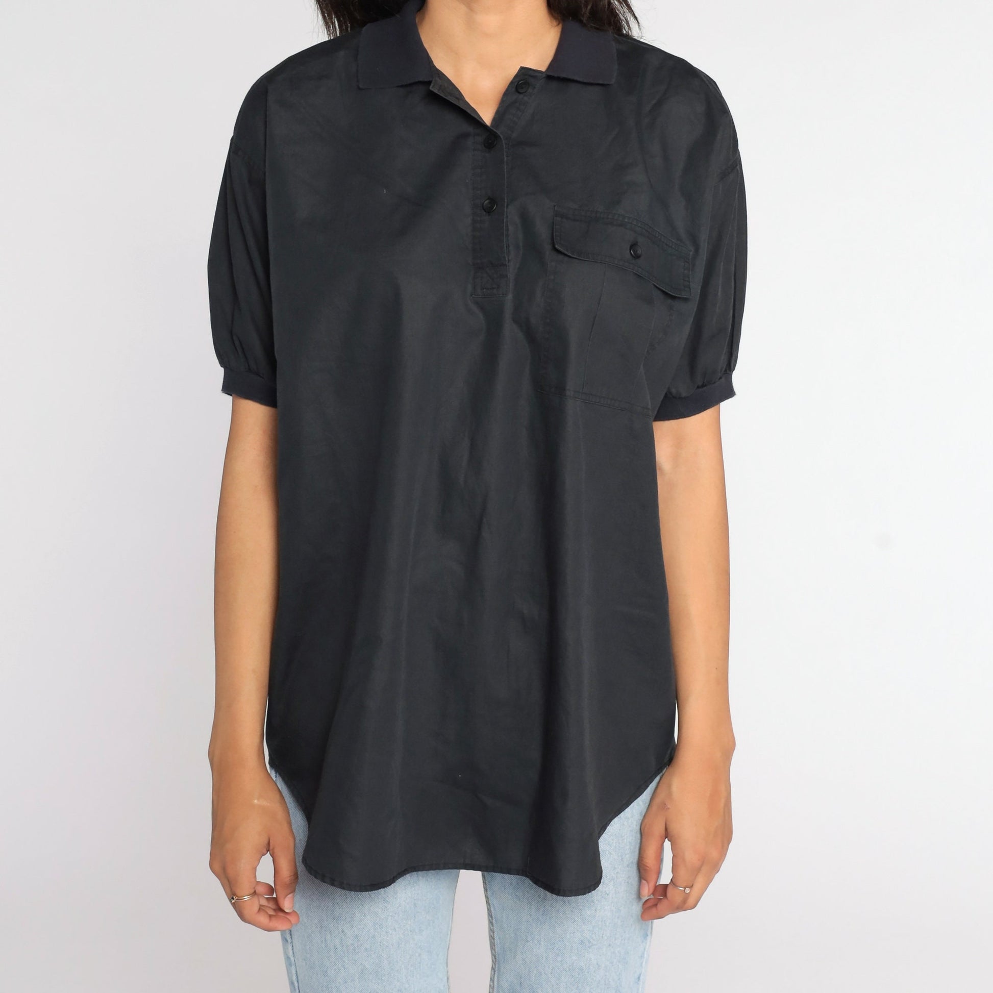 80s Black Polo Shirt Half Button Up Collared Cotton Blend Large
