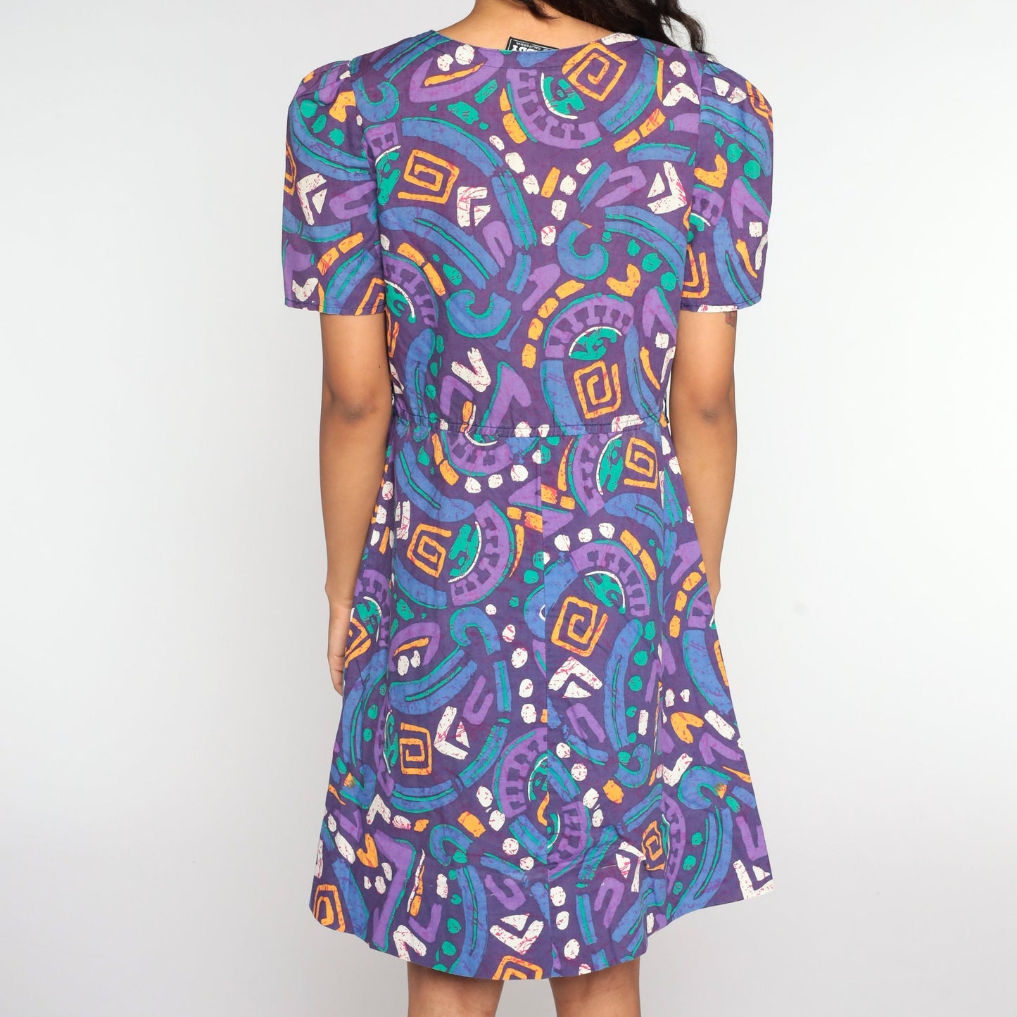 80s Tabby of California Purple Geometric Mini Dress Puff Sleeve Button Up Small