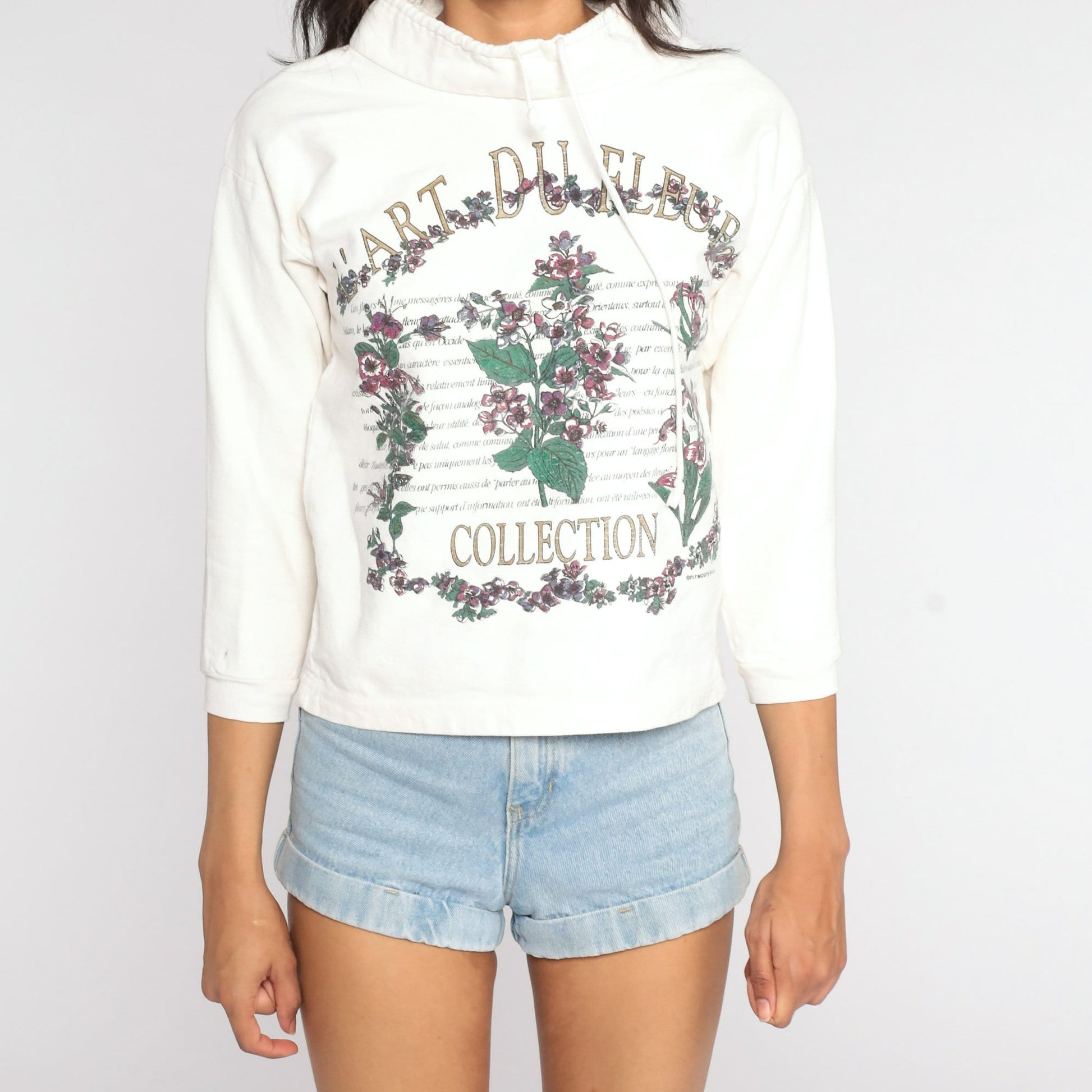 90s L'Art Du Fleur French Floral Graphic Tee Drawstring Neck Long Sleeve Extra Small