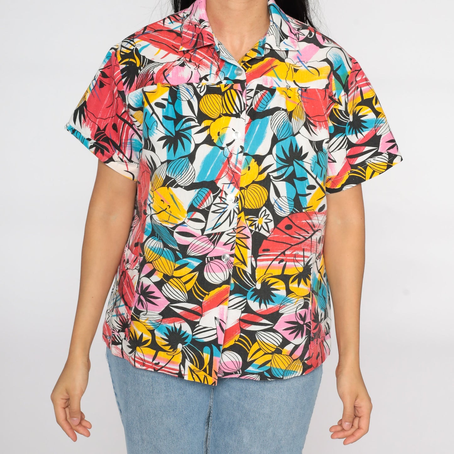 80s Tropical Leaf Print Button Up Shirt Short Sleeve Blouse Extra Large XL